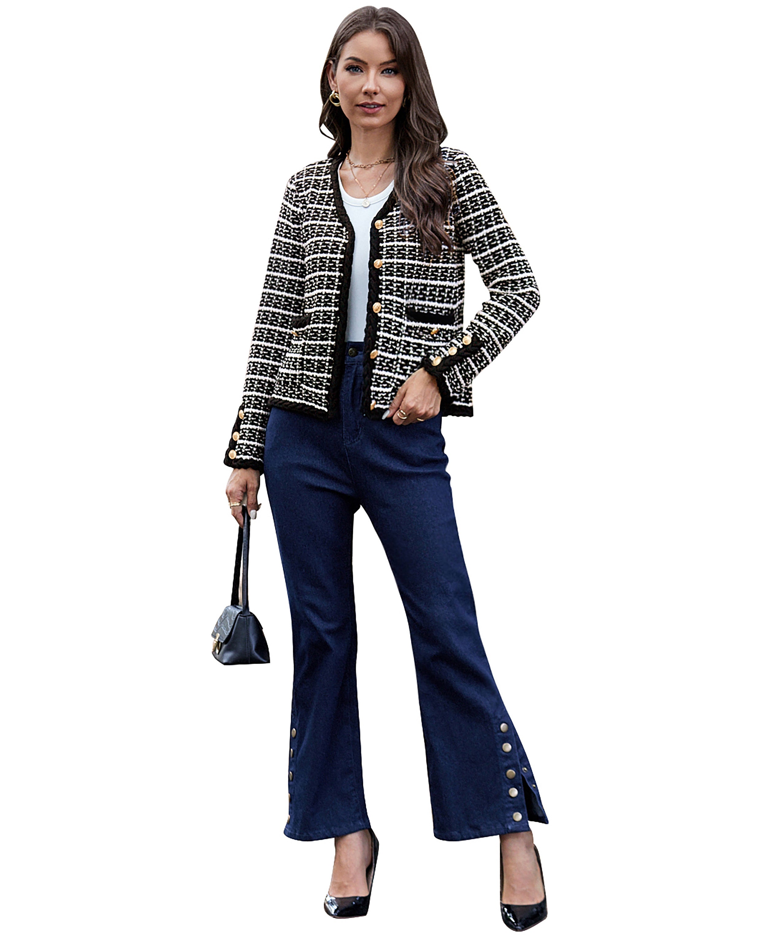 belle poque Contrast Color Cardigan Long Sleeve V-Neck Cable Knitted Sweater