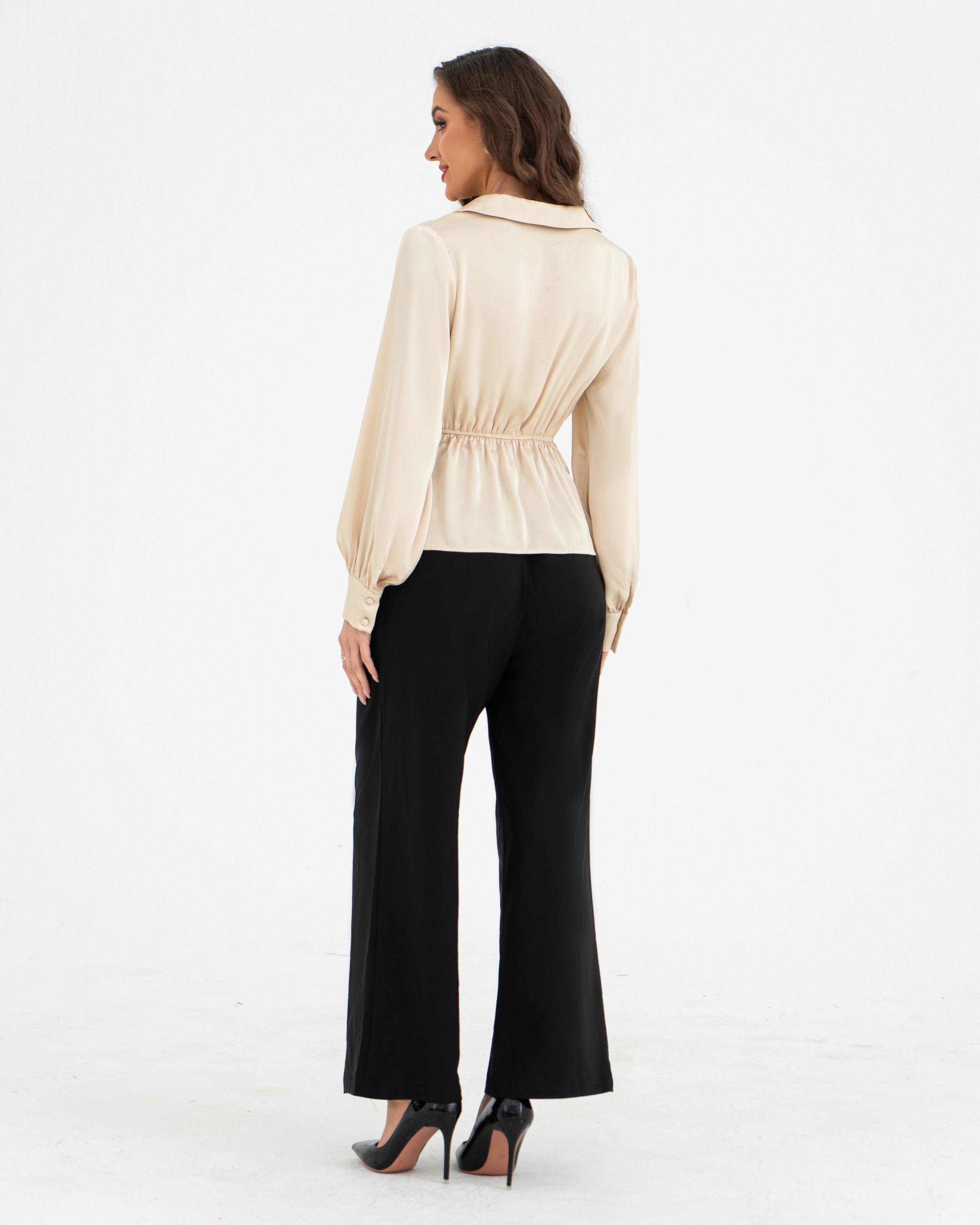 belle poque Vintage Elastic Waist Blouse Long Sleeve Lapel V-Neck Pullover Tops