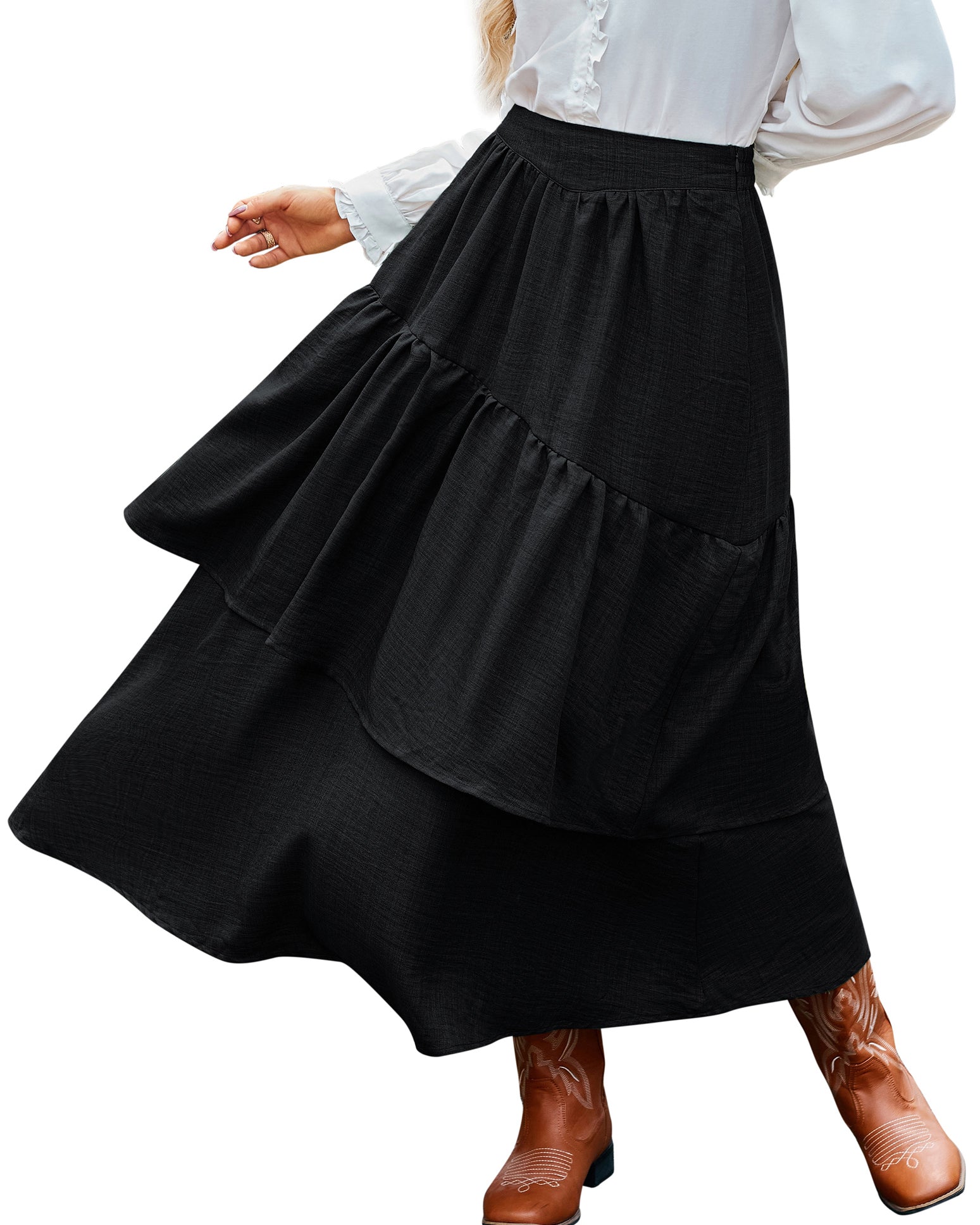 belle poque BP Women Vintage 2-Layer Swing Skirt Elastic High Waist Maxi Skirt