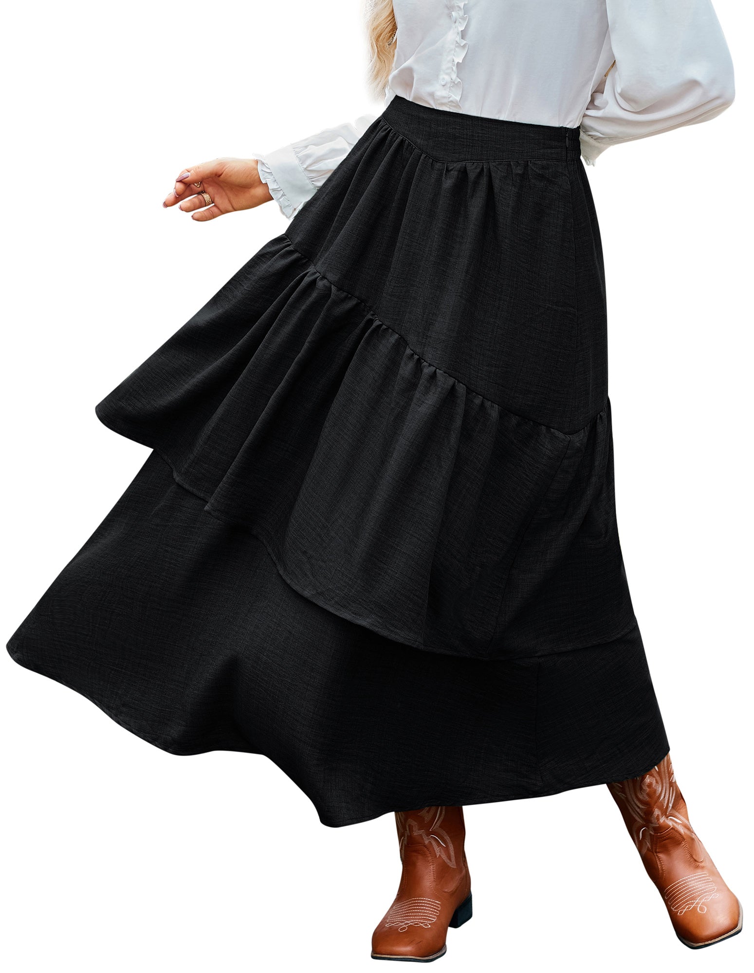 belle poque Vintage Vocation Skirts for Women Tiered Long Skirts Ruffle Skirt with Pockets