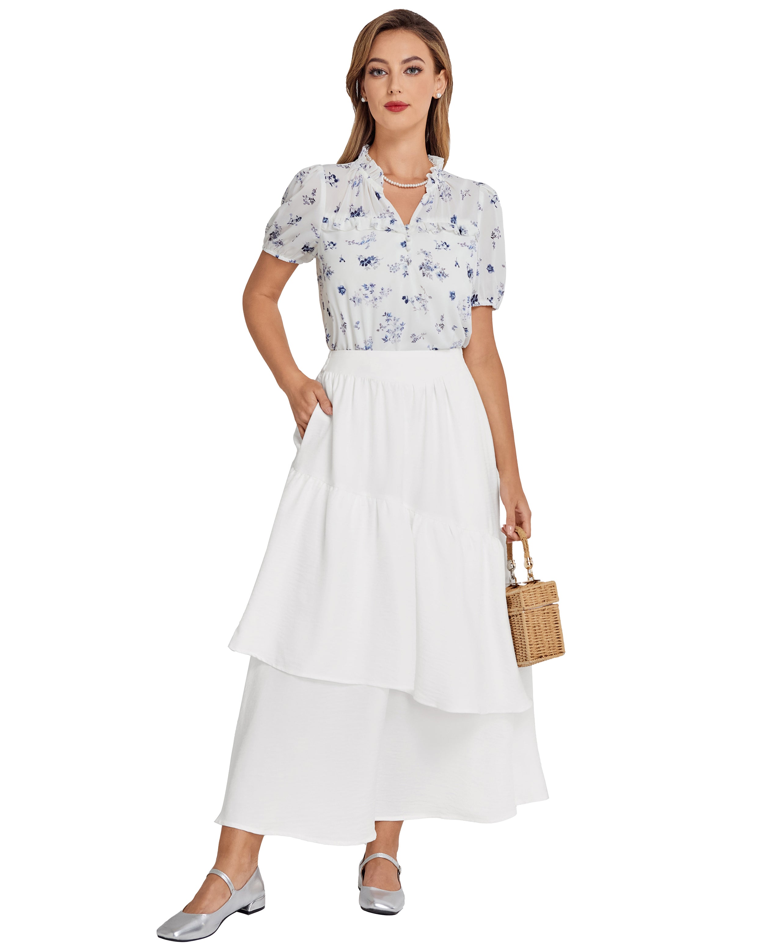 belle poque BP Women Vintage 2-Layer Swing Skirt Elastic High Waist Maxi Skirt