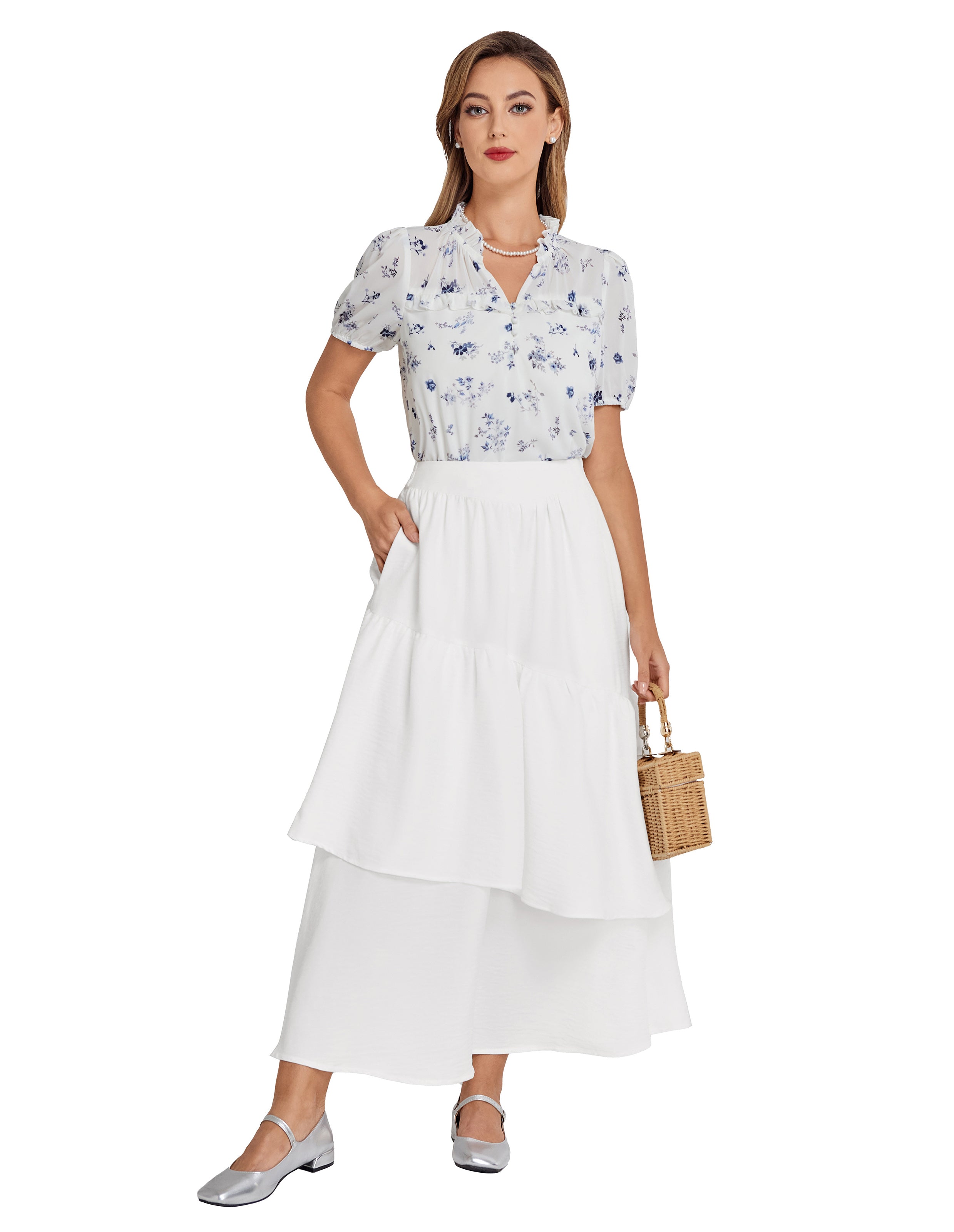 belle poque BP Women Vintage 2-Layer Swing Skirt Elastic High Waist Maxi Skirt