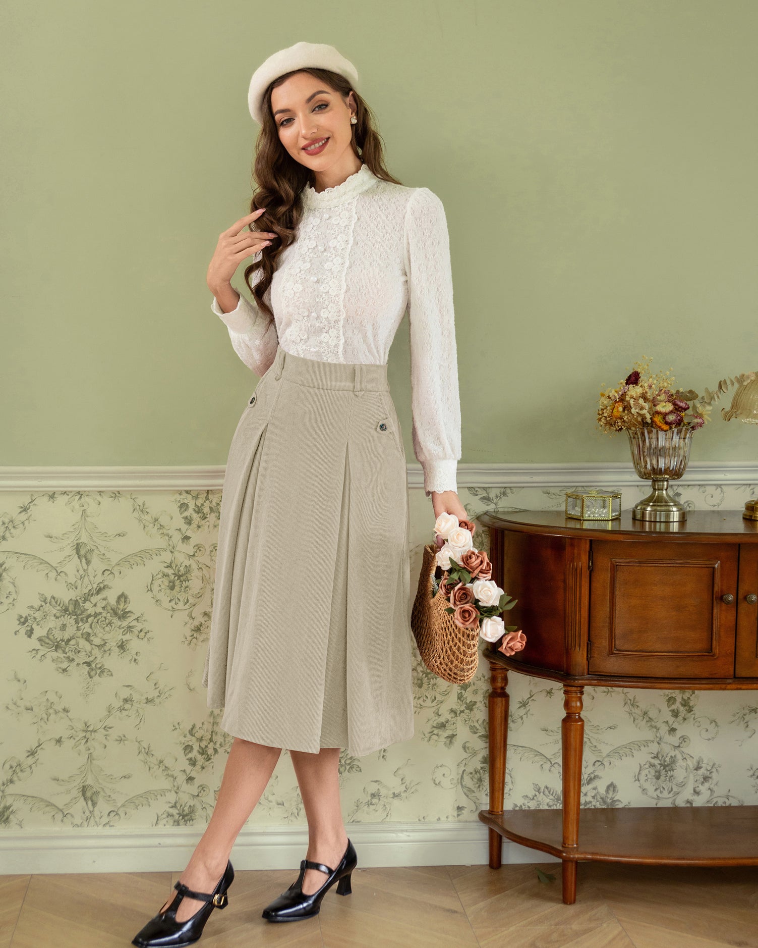 belle poque Vintage Swing Skirt Elastic Waist Flared A-Line Mid-Calf Skirt