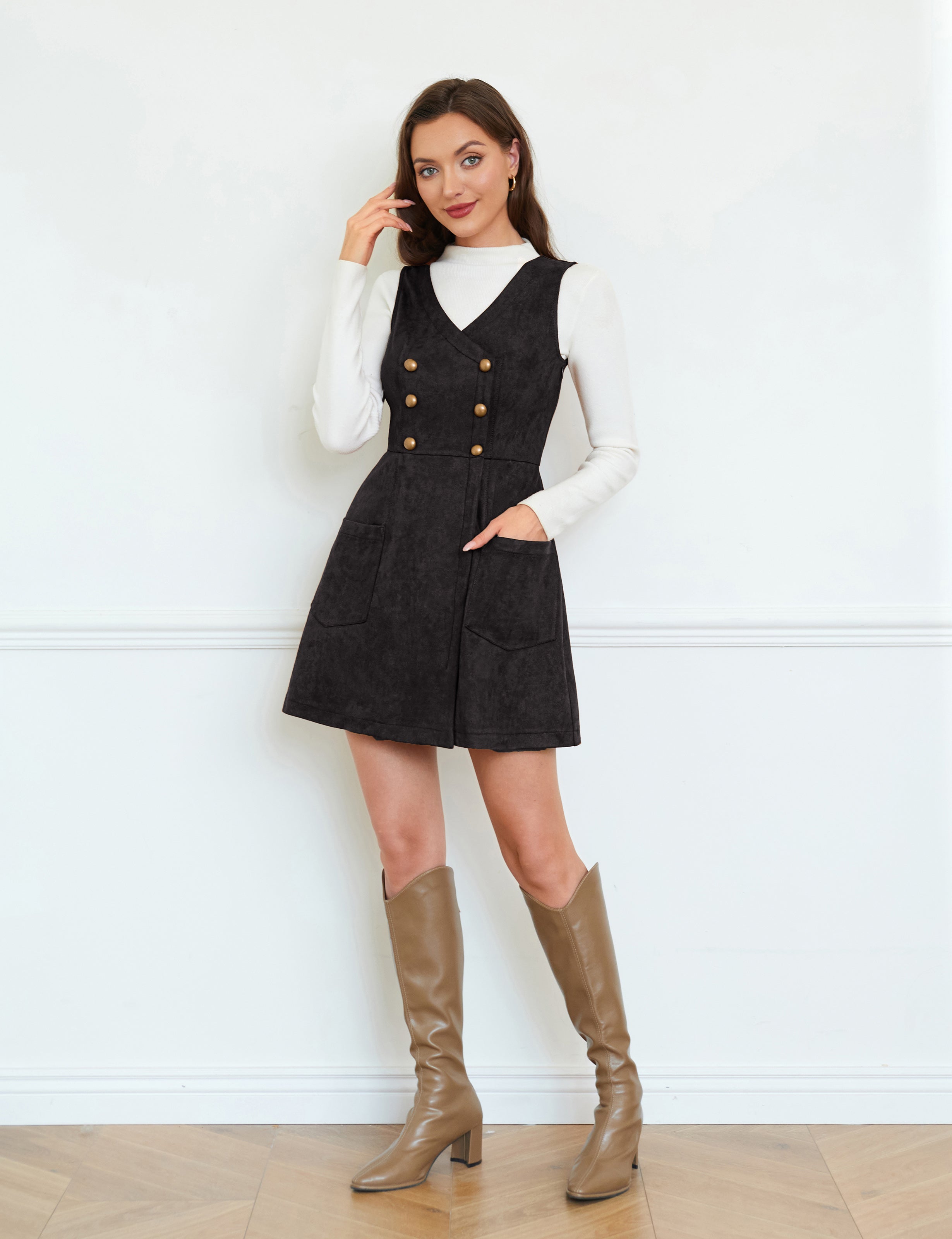 belle poque Vintage Faux Suede Dress Sleeveless V-Neck Elastic Waist A-Line Dress