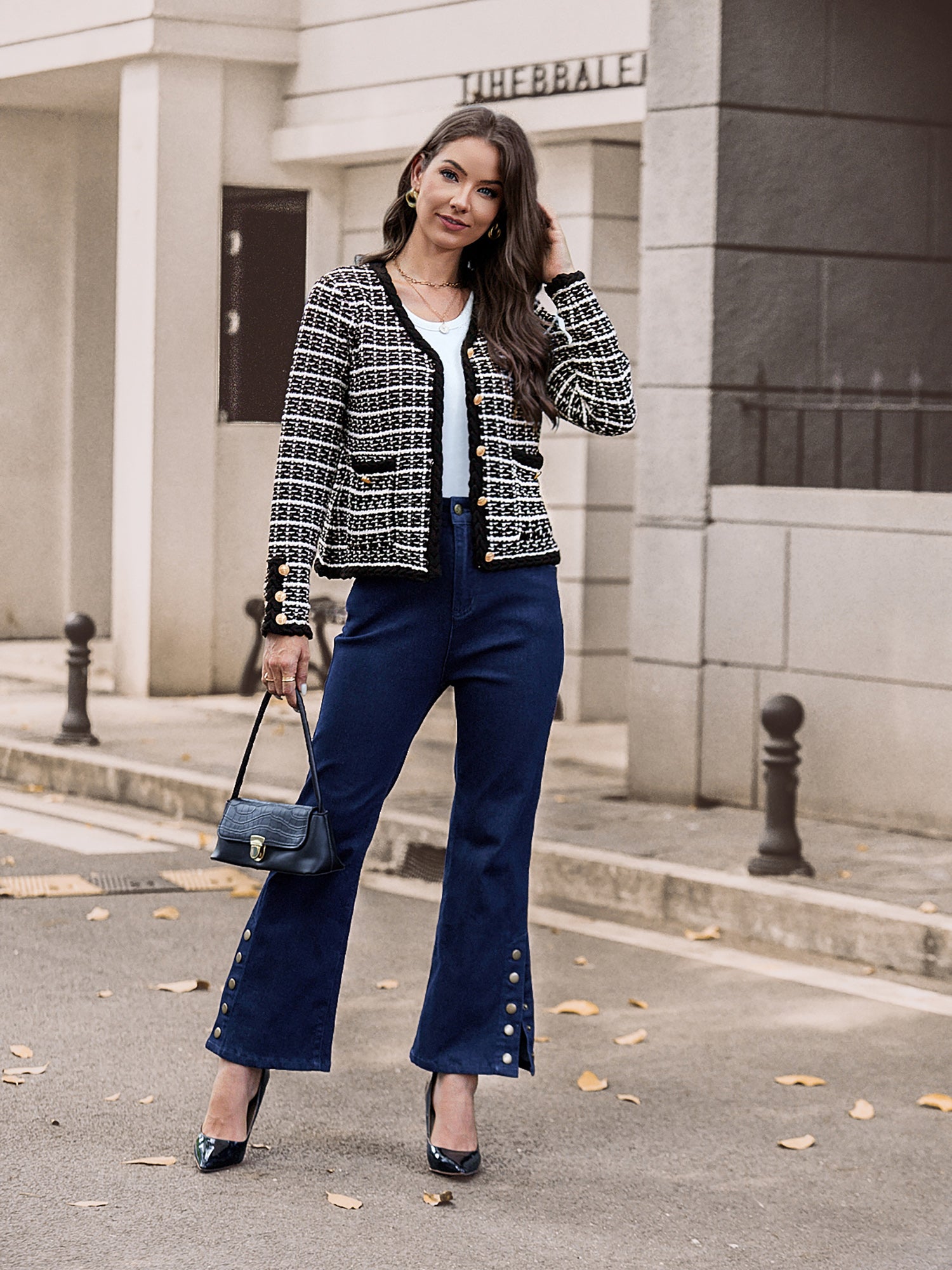 belle poque Contrast Color Cardigan Long Sleeve V-Neck Cable Knitted Sweater