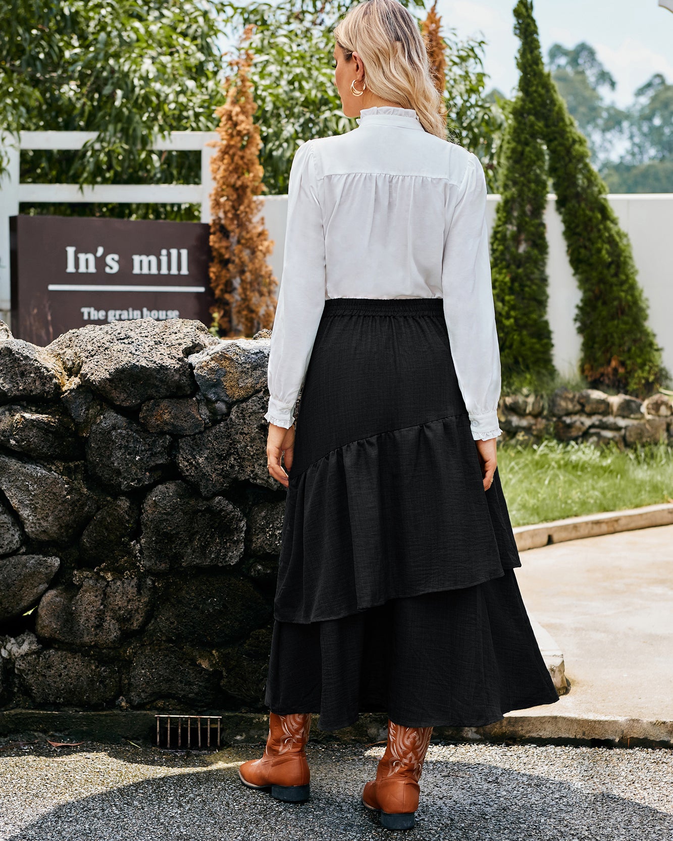 belle poque BP Women Vintage 2-Layer Swing Skirt Elastic High Waist Maxi Skirt