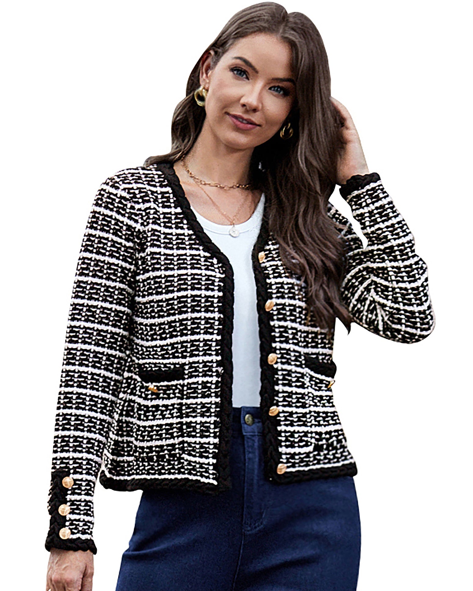 belle poque Contrast Color Cardigan Long Sleeve V-Neck Cable Knitted Sweater