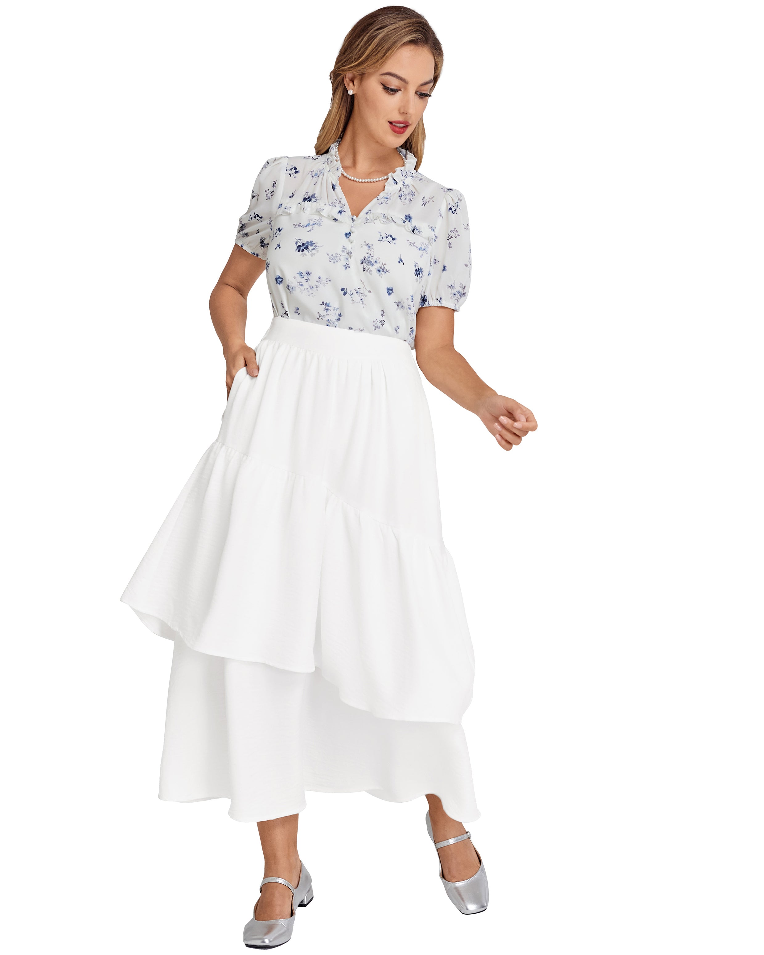 belle poque BP Women Vintage 2-Layer Swing Skirt Elastic High Waist Maxi Skirt