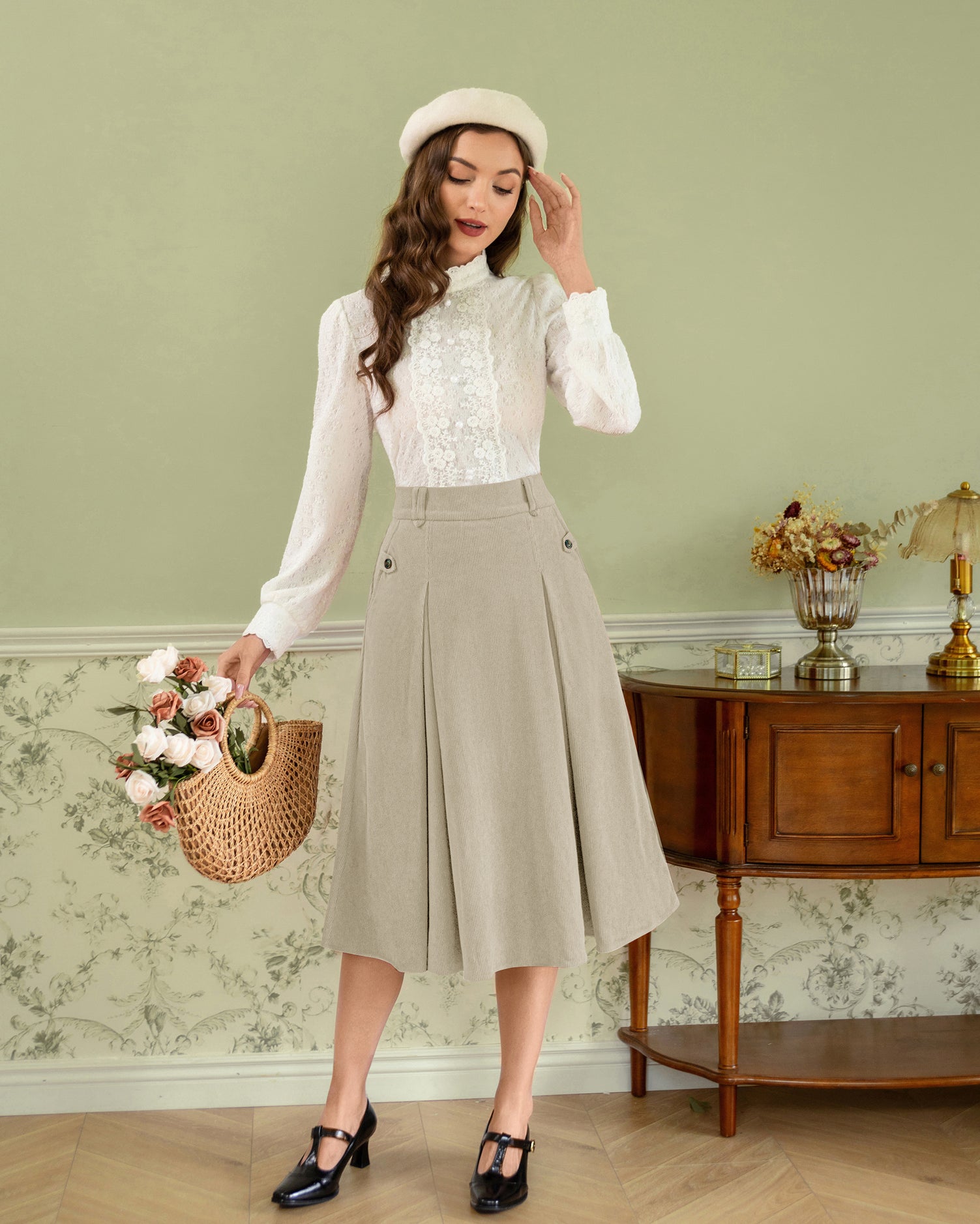 belle poque Vintage Swing Skirt Elastic Waist Flared A-Line Mid-Calf Skirt