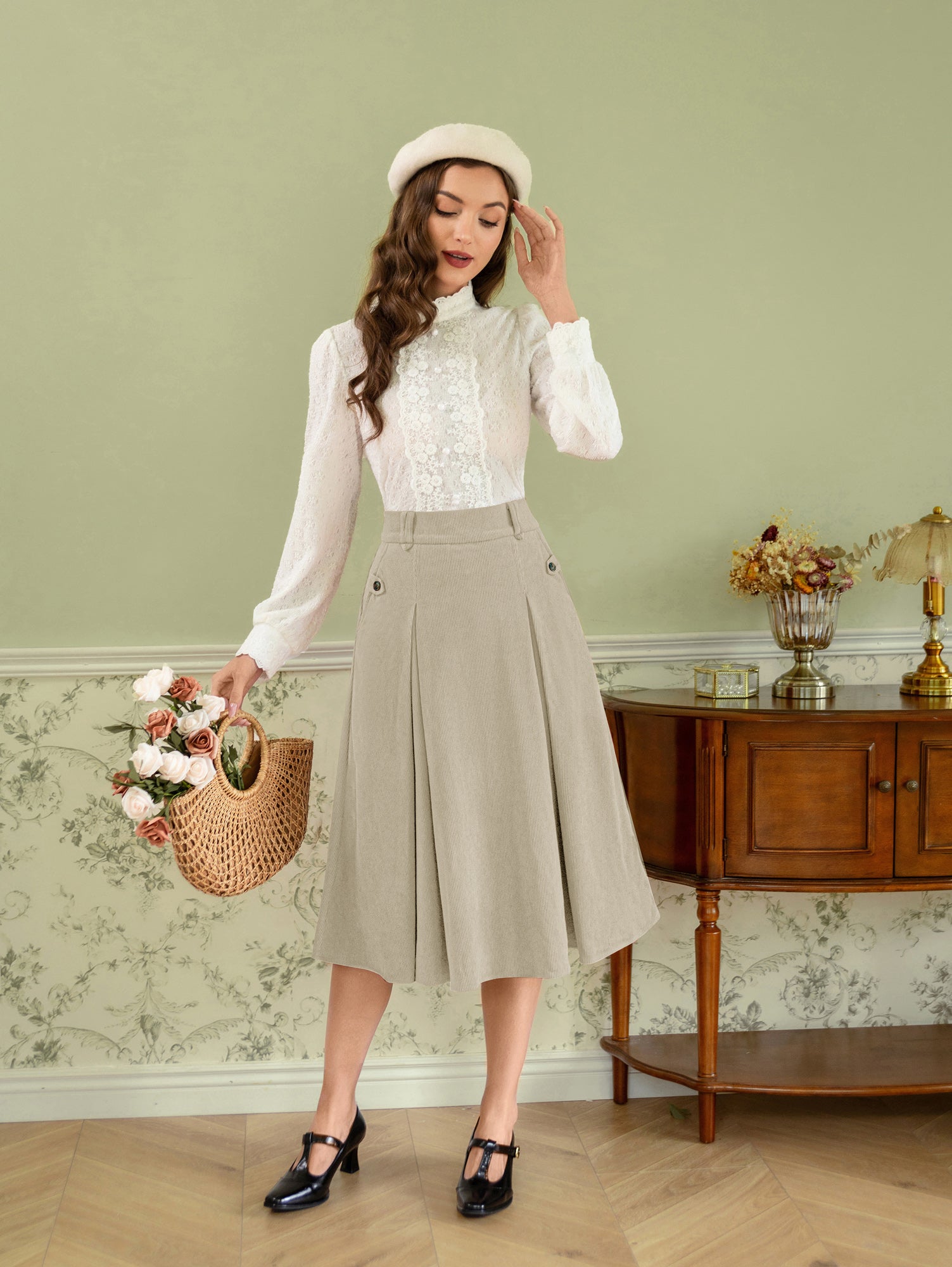 belle poque Vintage Swing Skirt Elastic Waist Flared A-Line Mid-Calf Skirt