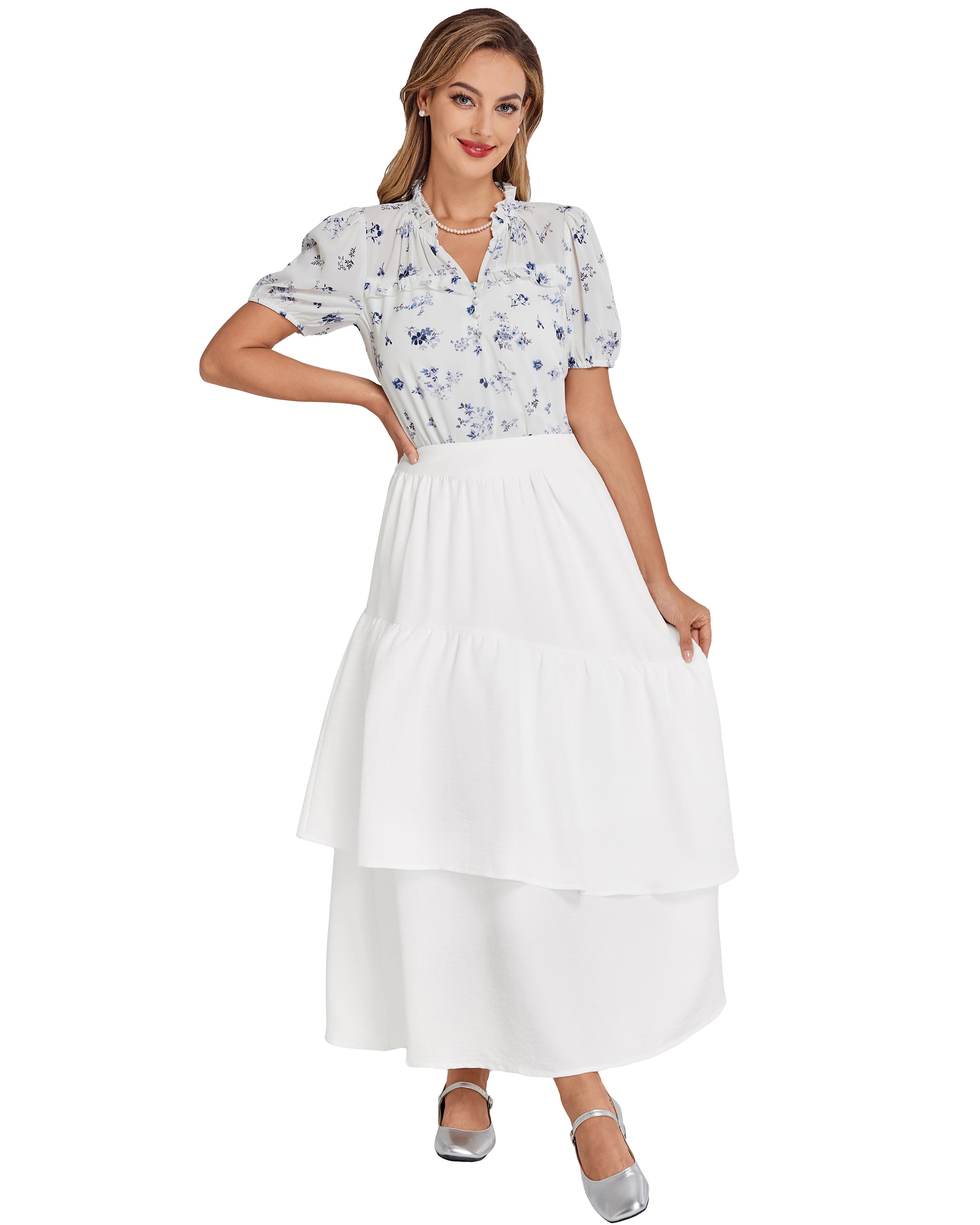 belle poque BP Women Vintage 2-Layer Swing Skirt Elastic High Waist Maxi Skirt