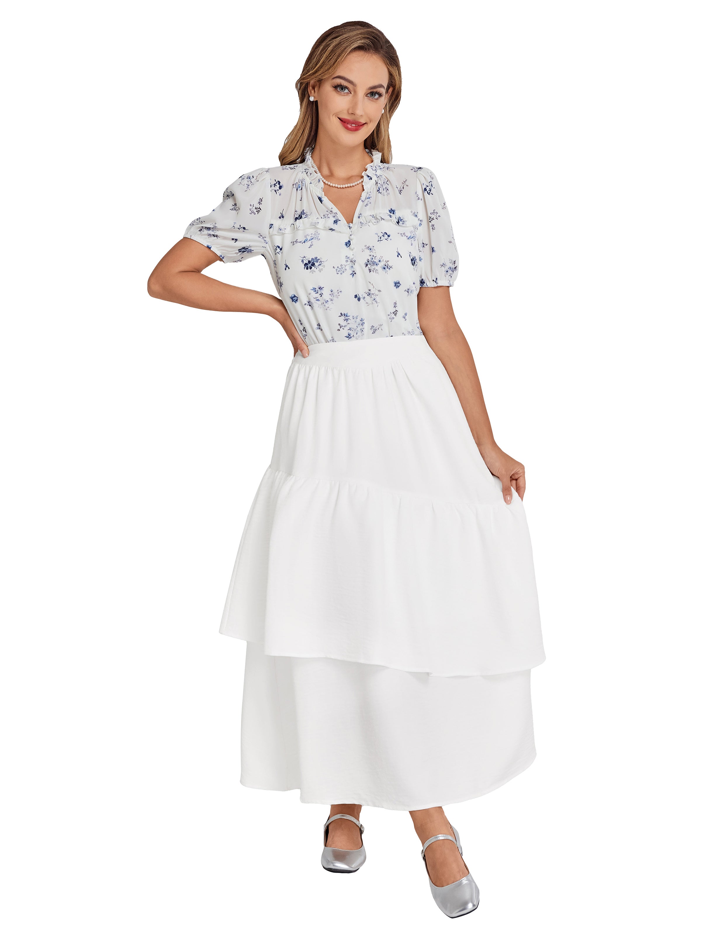 belle poque BP Women Vintage 2-Layer Swing Skirt Elastic High Waist Maxi Skirt