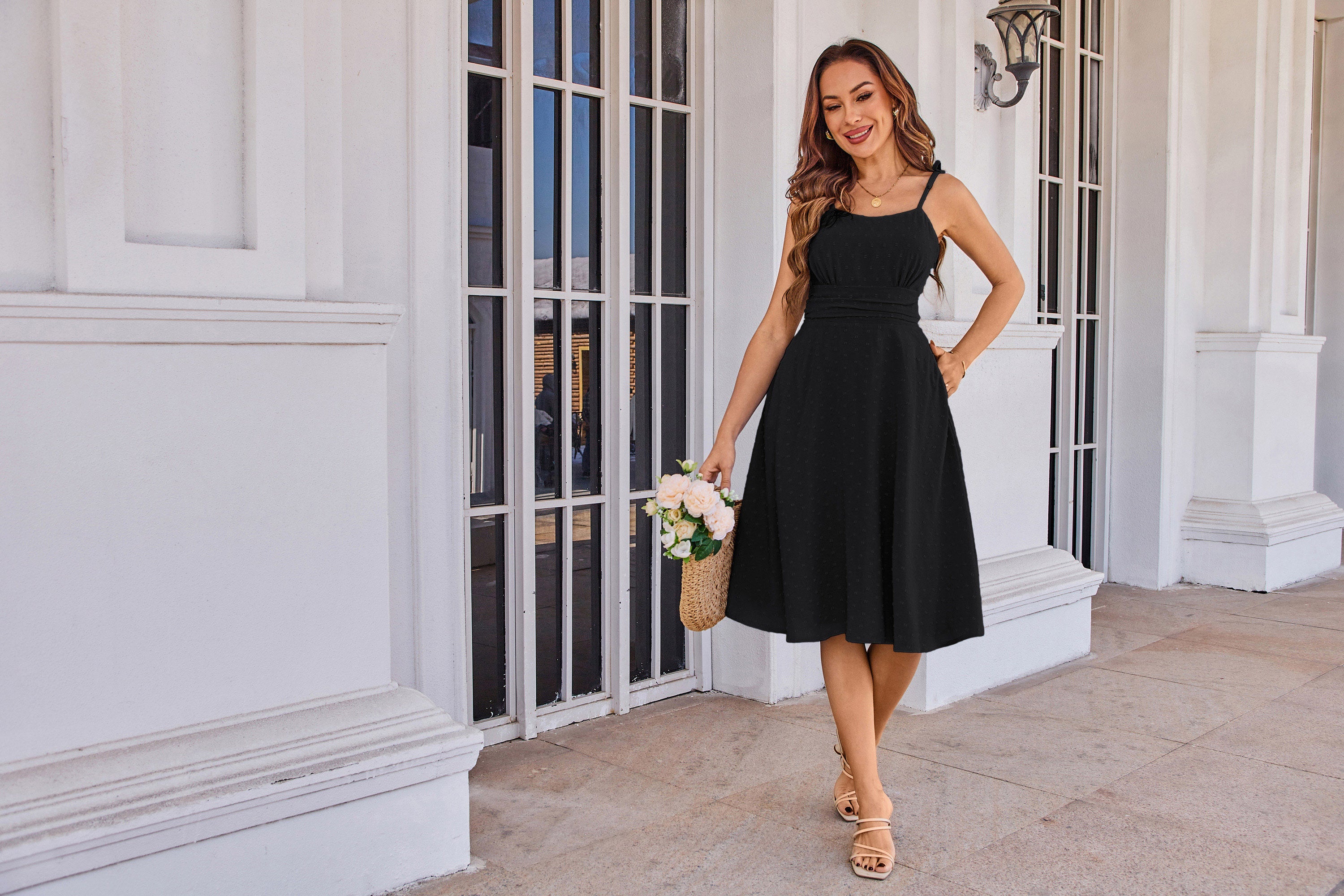 belle poque BP Women Vintage Swiss Dots Dress Spaghetti Straps Flared A-Line Dress