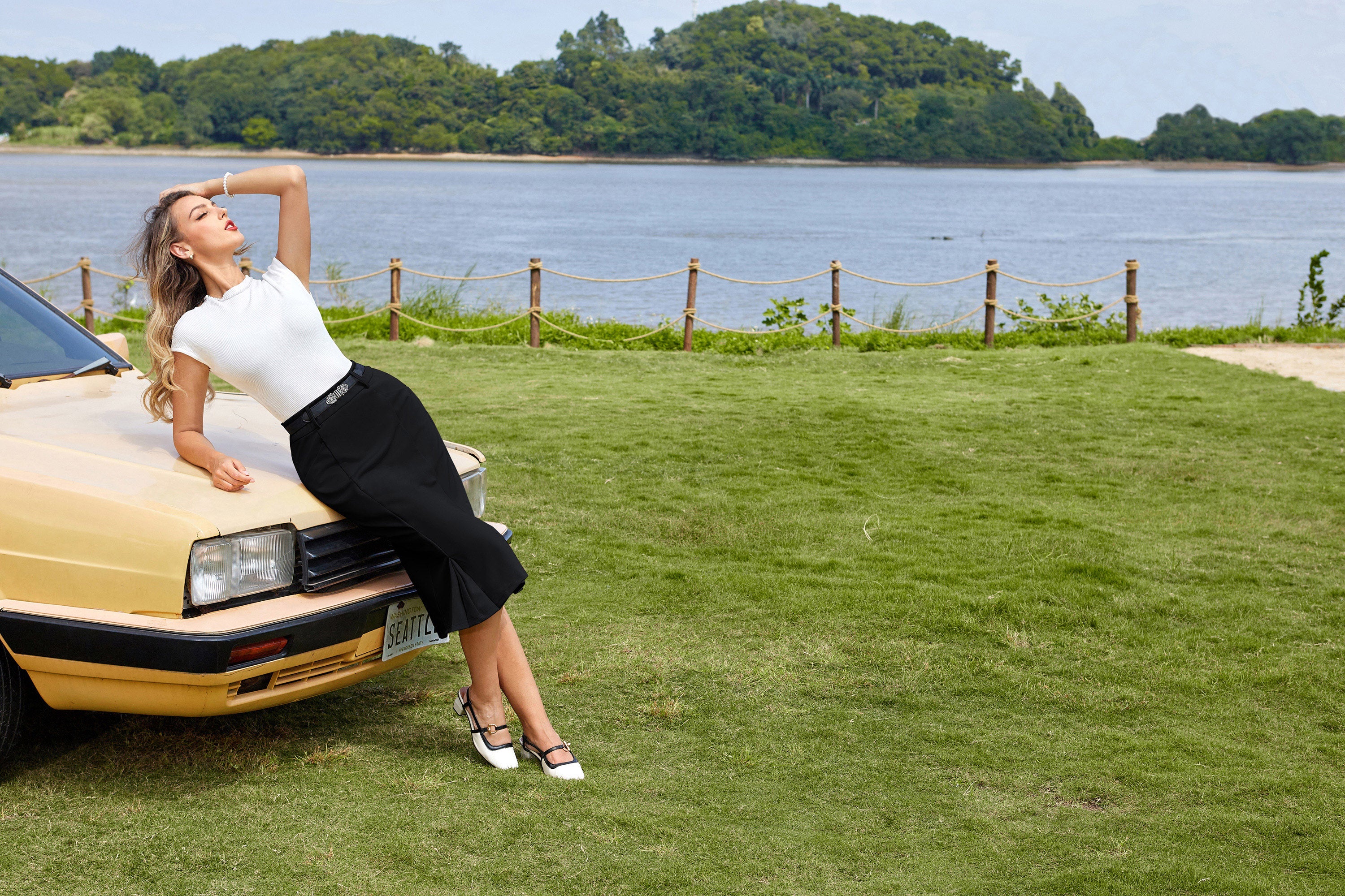 belle poque BP Women Vintage Bodycon Skirt Elastic Waist Below Knee Hips-Wrapped Skirt