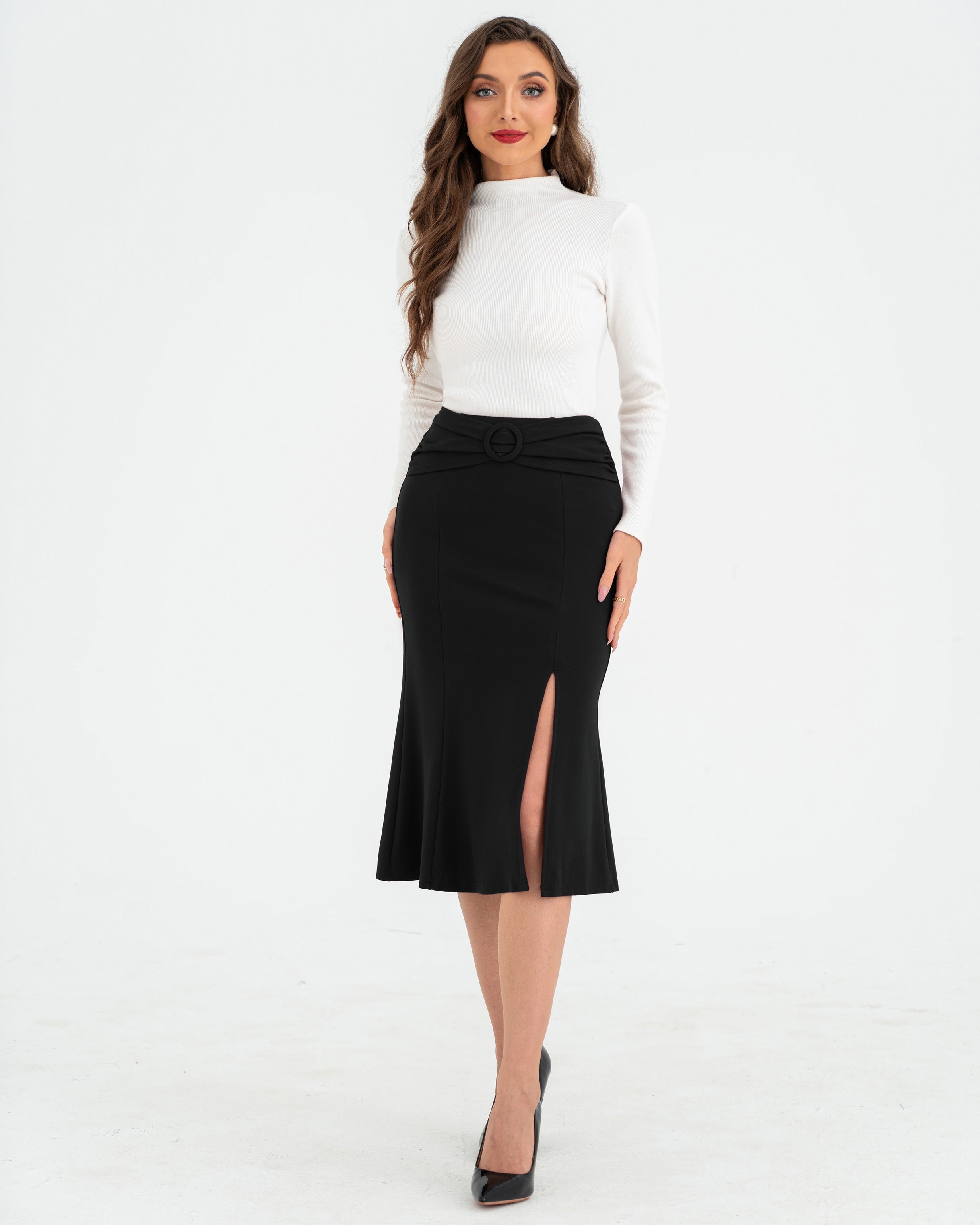 belle poque BP Women Vintage Front Slit Skirt Elastic Waist Mermaid Hem Bodycon Skirt
