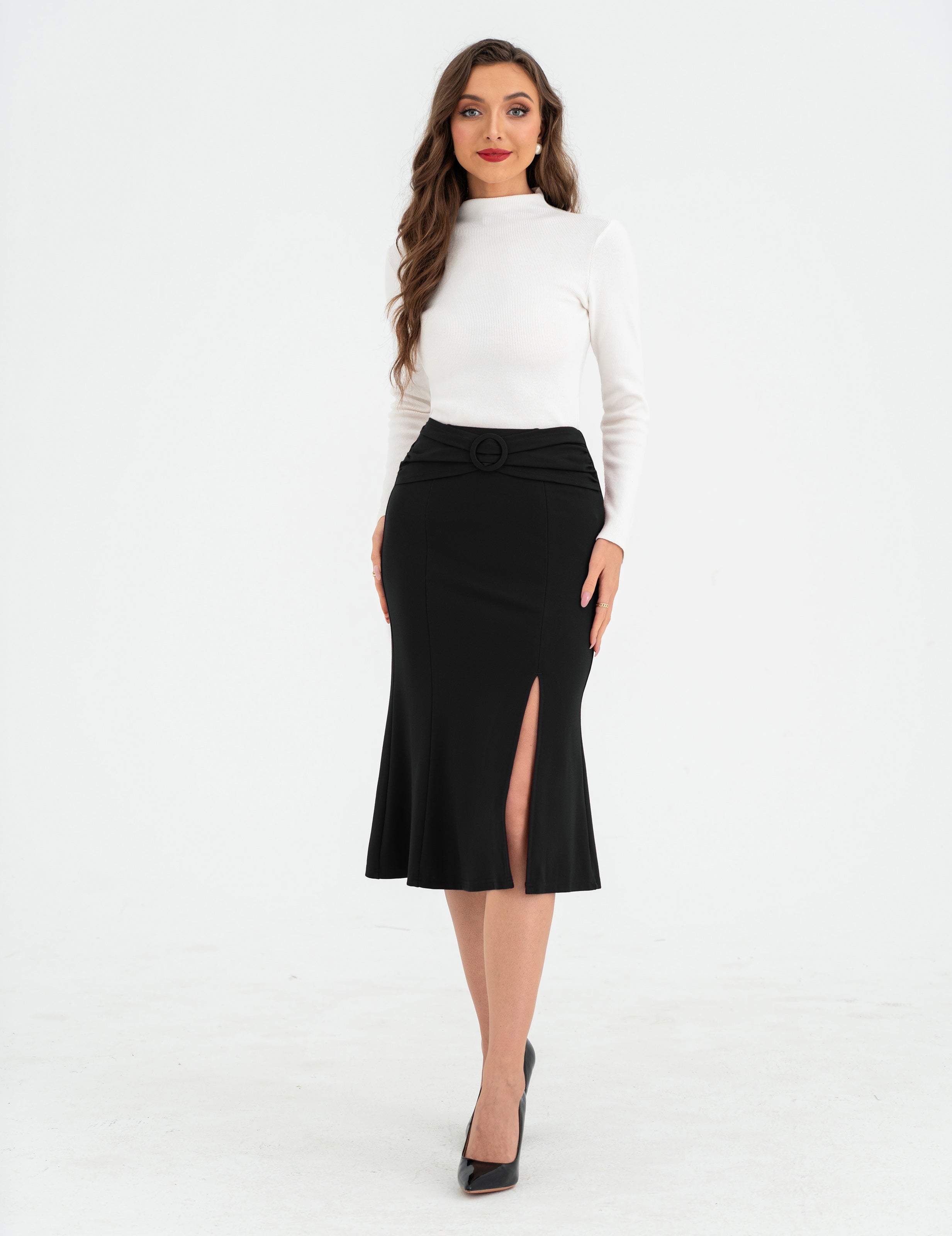 belle poque BP Women Vintage Front Slit Skirt Elastic Waist Mermaid Hem Bodycon Skirt