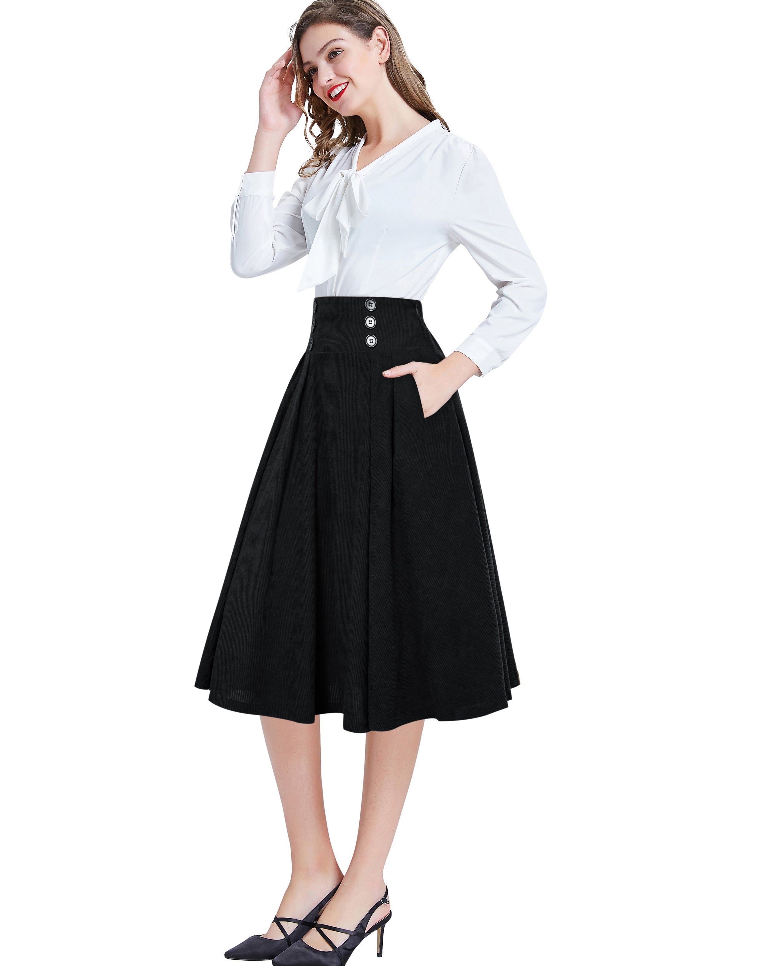 belle poque Vintage Corduroy Skirt Elastic High Waist Buttons Decorated Swing Skirt with Pockets