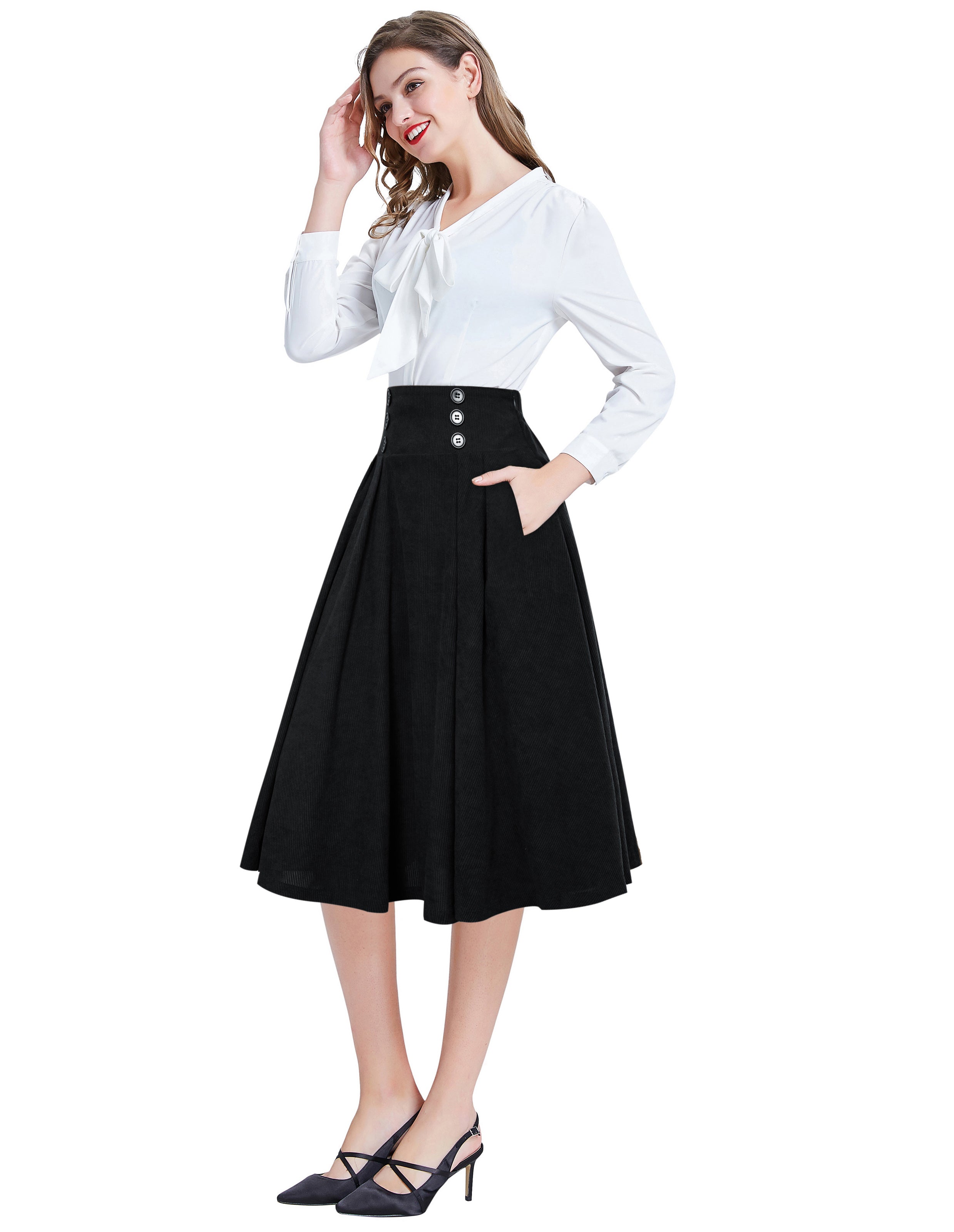 belle poque Vintage Corduroy Skirt Elastic High Waist Buttons Decorated Swing Skirt with Pockets