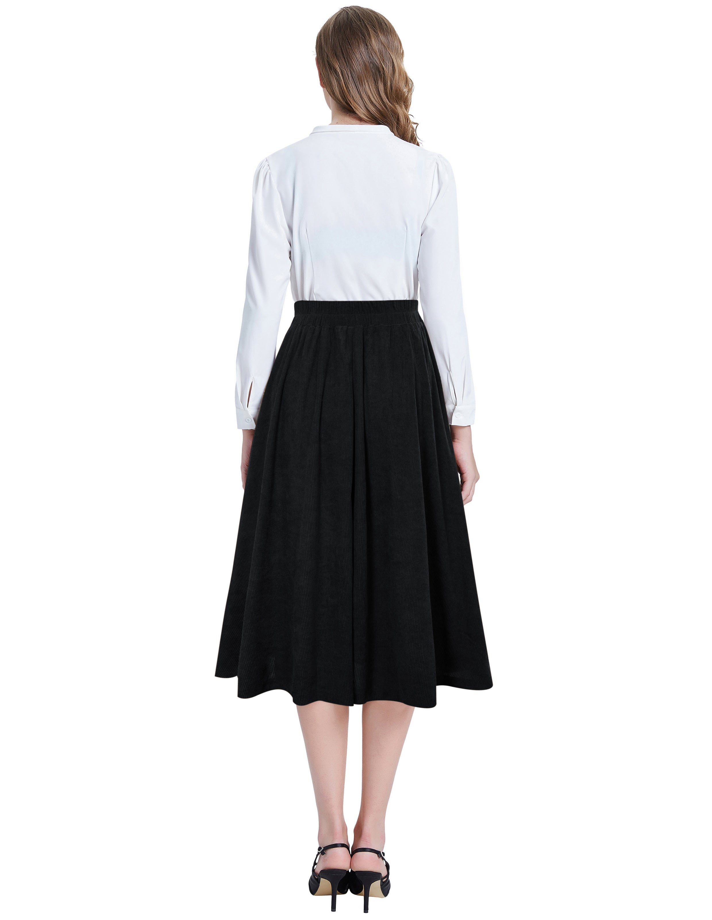 belle poque Vintage Corduroy Skirt Elastic High Waist Buttons Decorated Swing Skirt with Pockets