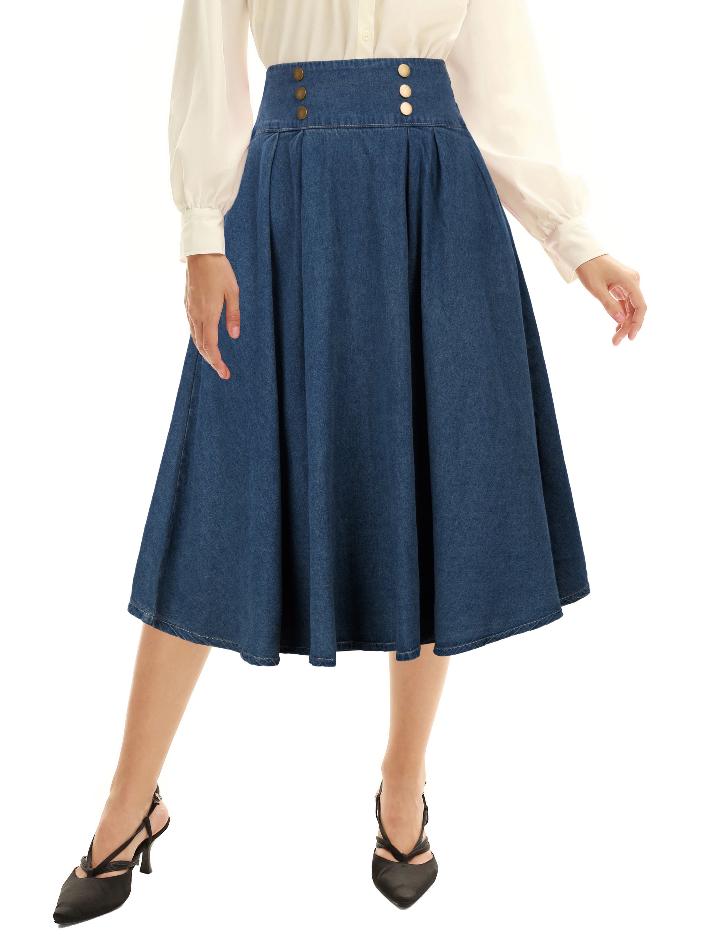 belle poque Swing Jean Skirt Elastic High Waist Buttons Decorated Skirt