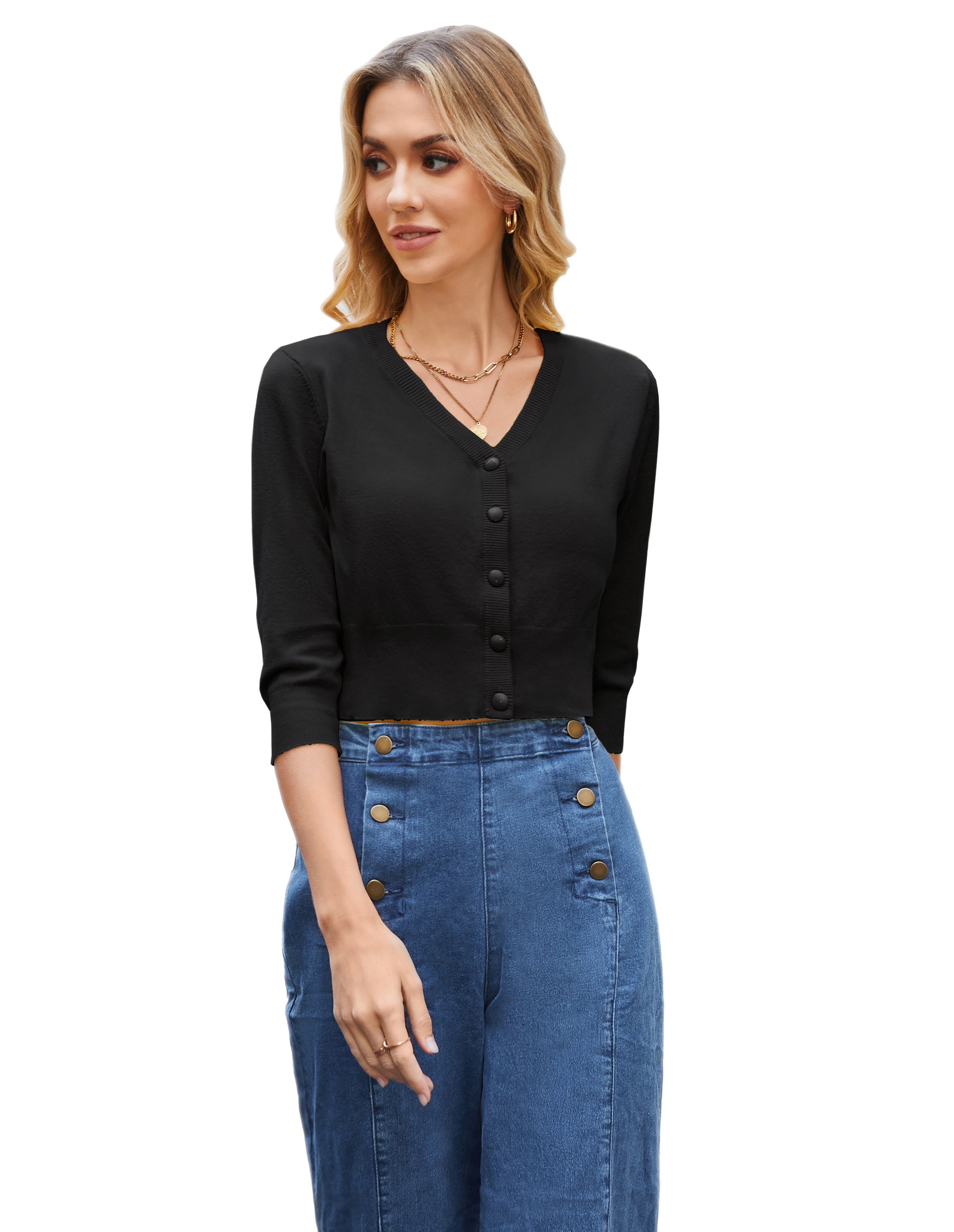 belle poque Cropped Cardigan 3/4 Sleeve V-Neck Button-up Sweater Knitwear