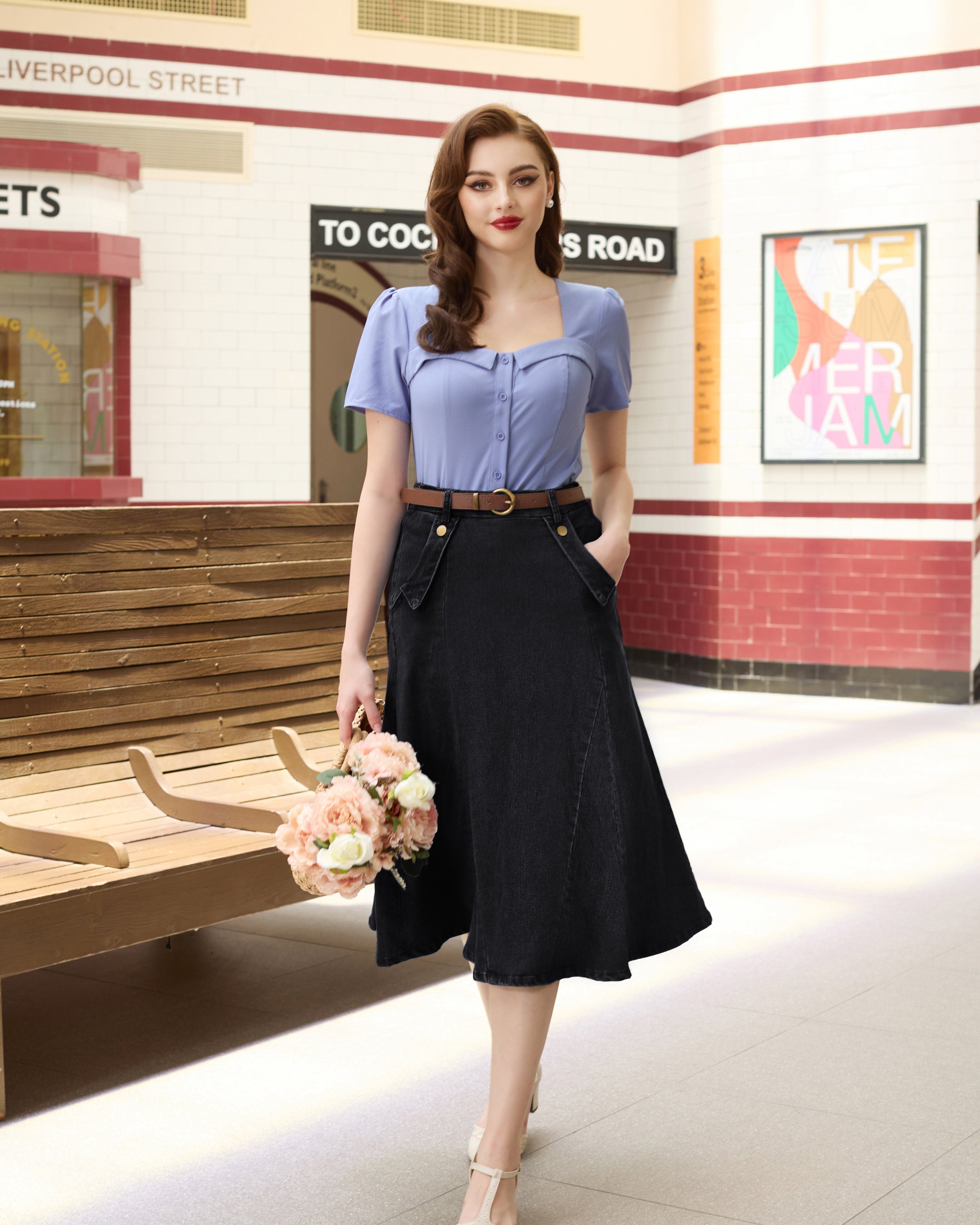 belle poque Denim Skirts Knee Length Vintage Elastic High Waist A-Line Midi Jean Skirts with Pockets