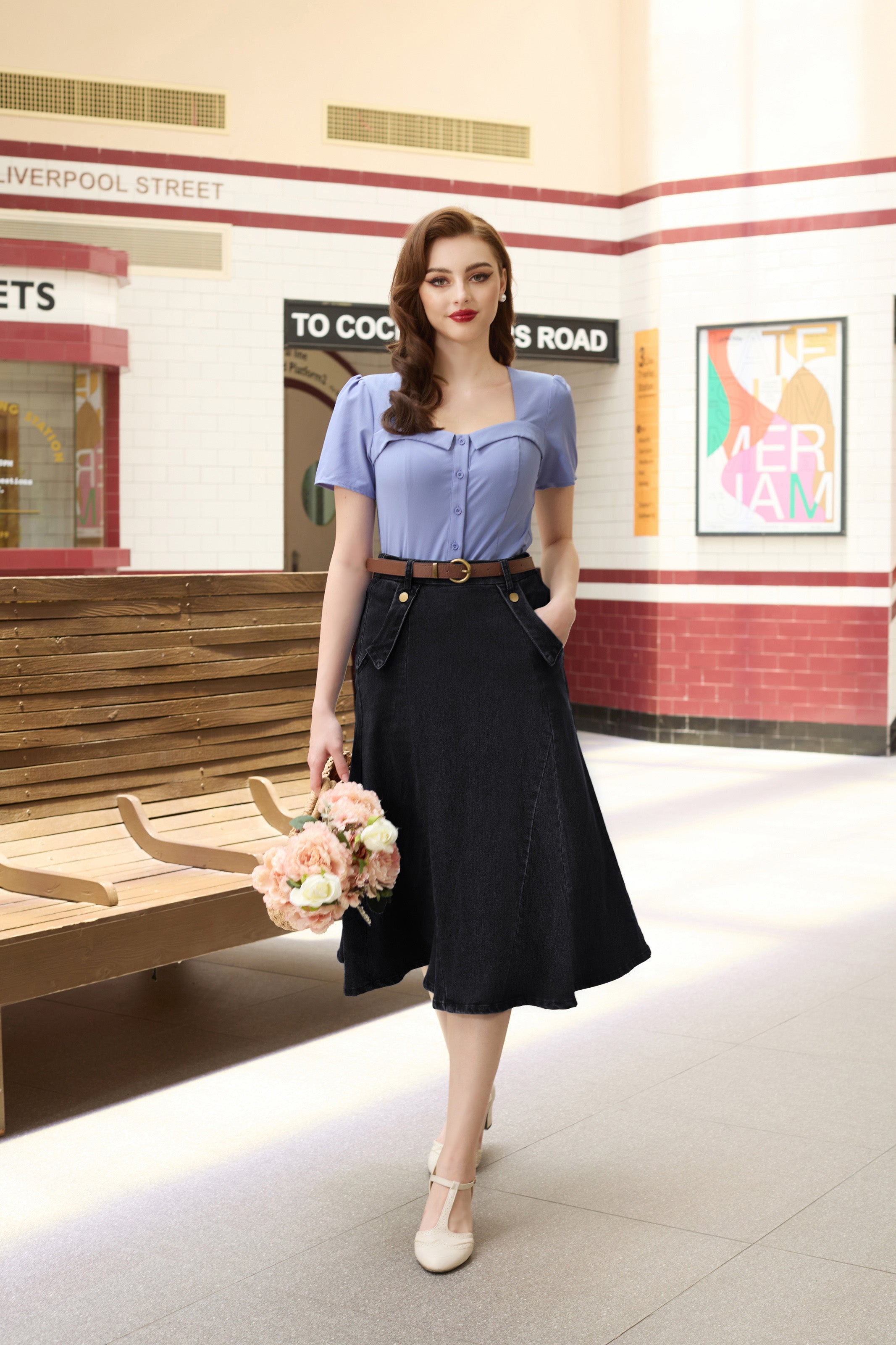 belle poque Denim Skirts Knee Length Vintage Elastic High Waist A-Line Midi Jean Skirts with Pockets