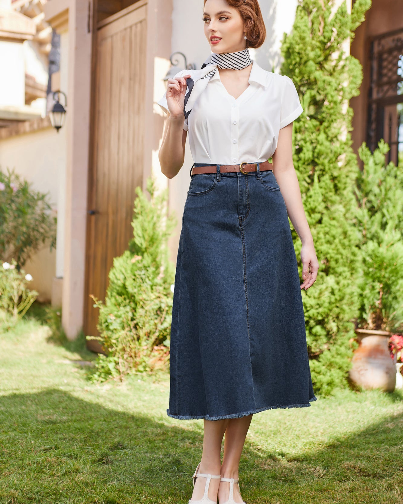 belle poque Multi-Pocket Jean Skirt Elastic High Waist Raw Hem Midi A-Line Skirt