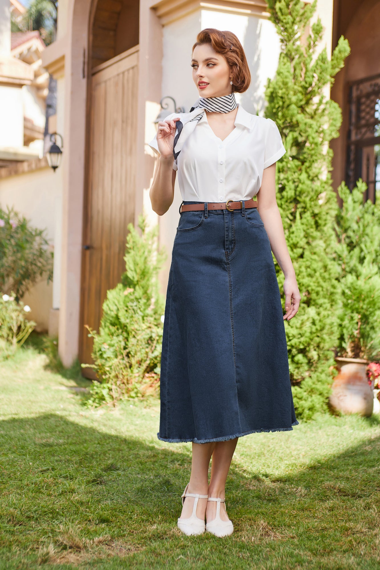 belle poque Multi-Pocket Jean Skirt Elastic High Waist Raw Hem Midi A-Line Skirt