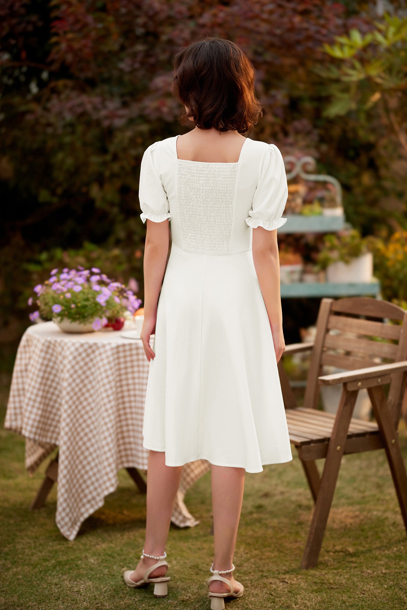 belle poque Vintage Buttons Decorated Dress Short Sleeve Square V-Neck A-Line Dress