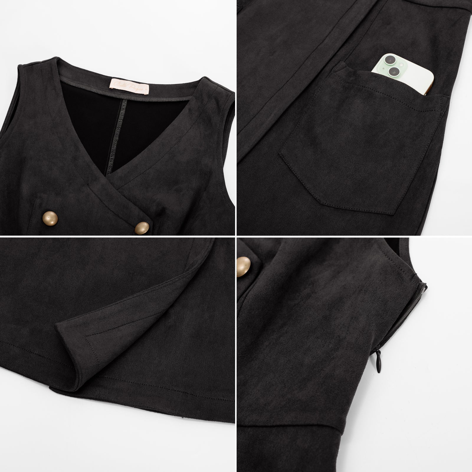 belle poque Vintage Faux Suede Dress Sleeveless V-Neck Elastic Waist A-Line Dress