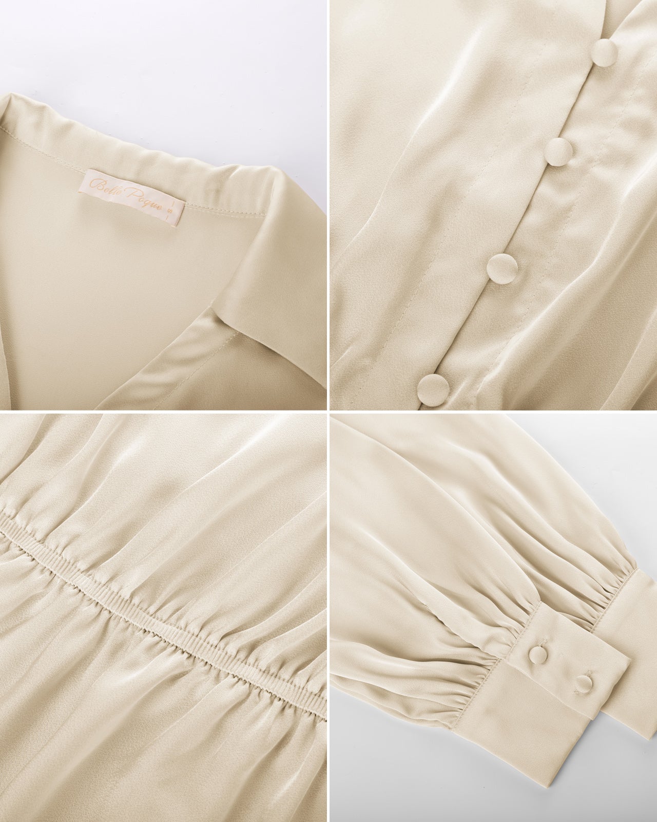 belle poque Vintage Elastic Waist Blouse Long Sleeve Lapel V-Neck Pullover Tops