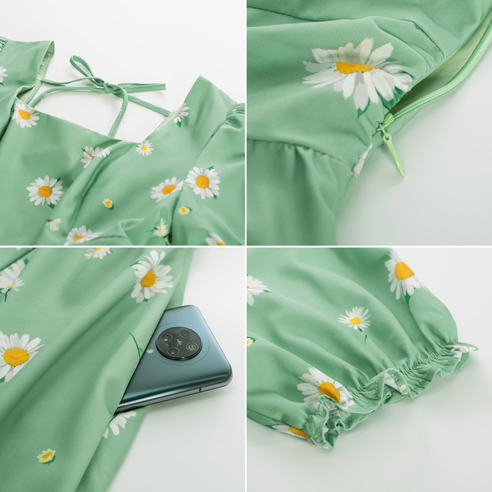 belle poque Vintage Daisy Flower Print Cottagecore Cocktail Dresses Square Neck Puff Sleeve Dress with Pockets