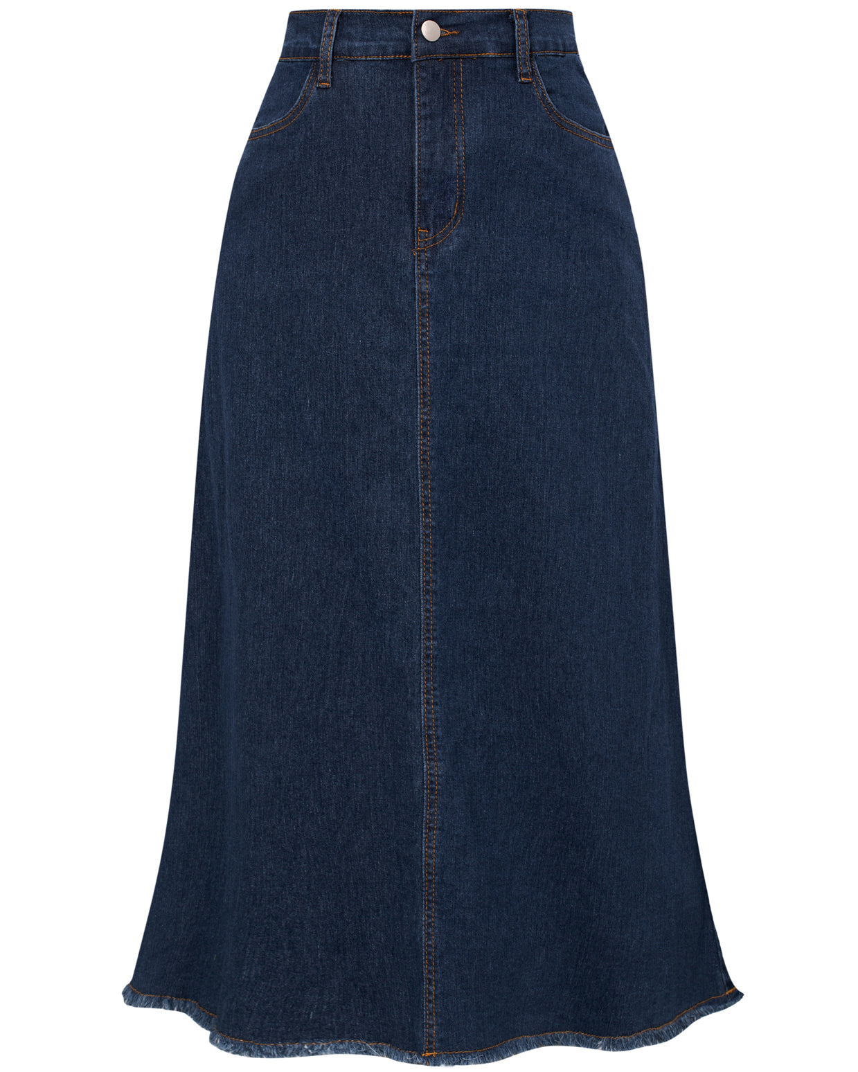 belle poque Multi-Pocket Jean Skirt Elastic High Waist Raw Hem Midi A-Line Skirt