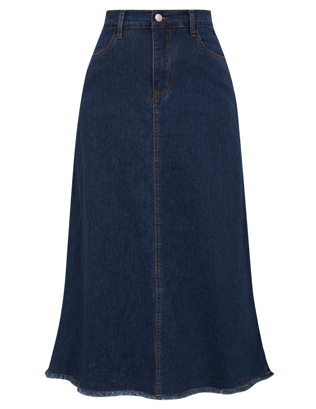 belle poque Multi-Pocket Jean Skirt Elastic High Waist Raw Hem Midi A-Line Skirt
