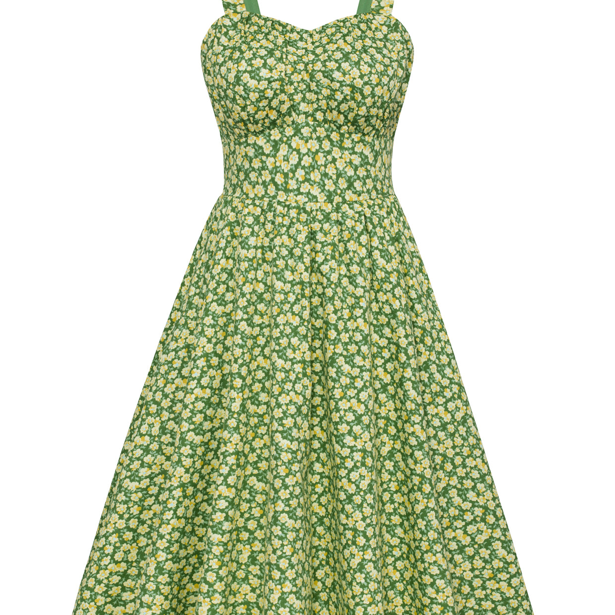 belle poque Vintage Two-Way Defined Waist Dress Ruched Bodice Flared A-Line Dress Green