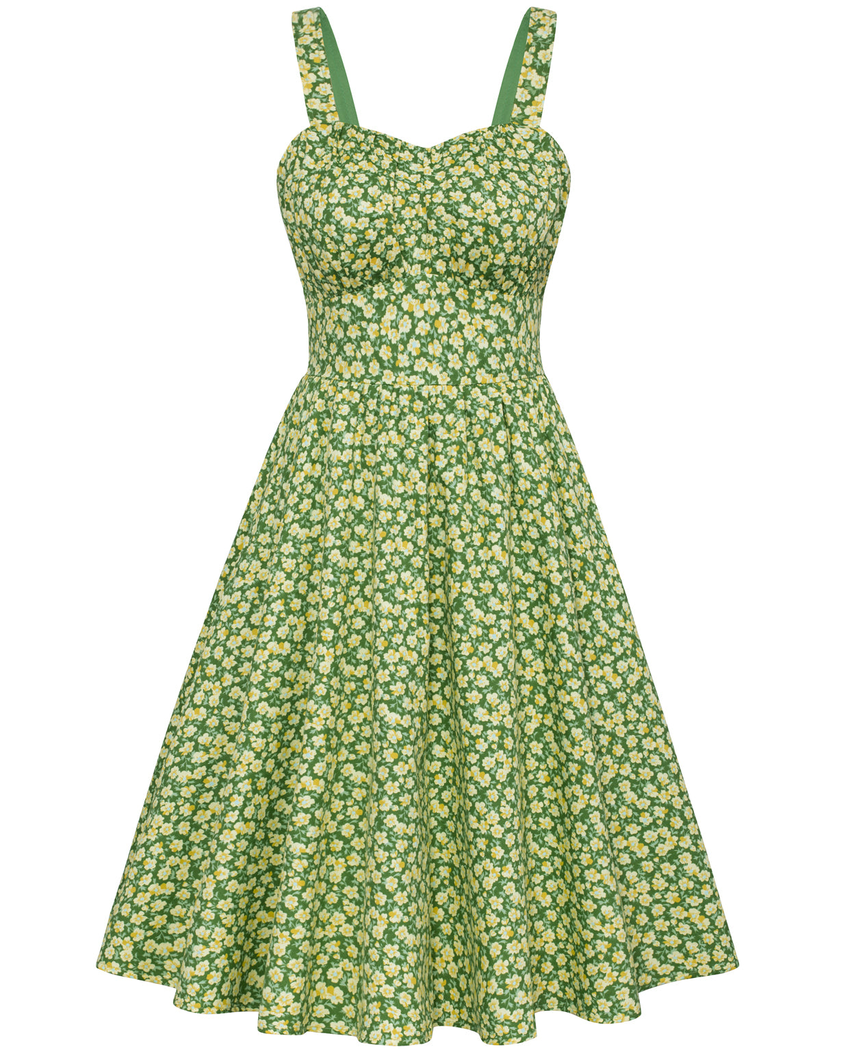belle poque Vintage Two-Way Defined Waist Dress Ruched Bodice Flared A-Line Dress Green