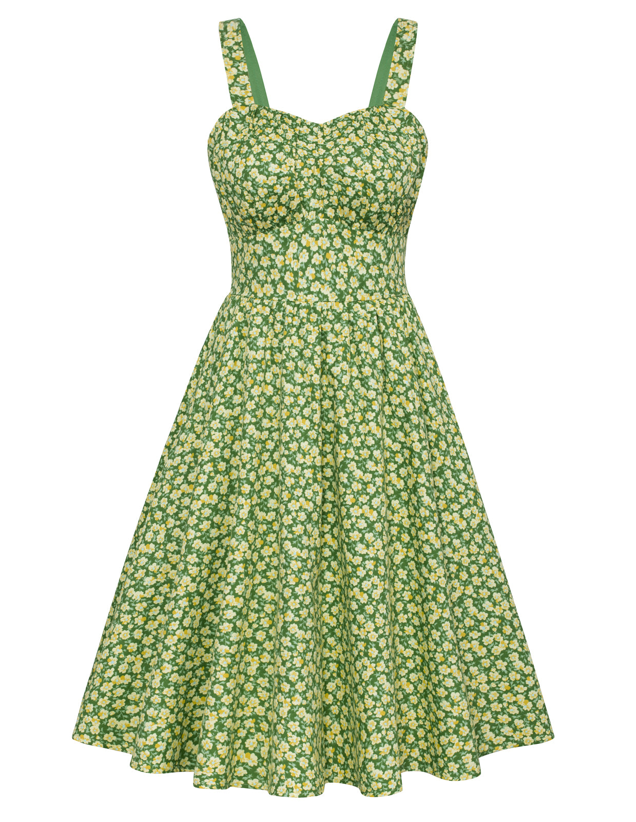 belle poque Vintage Two-Way Defined Waist Dress Ruched Bodice Flared A-Line Dress Green