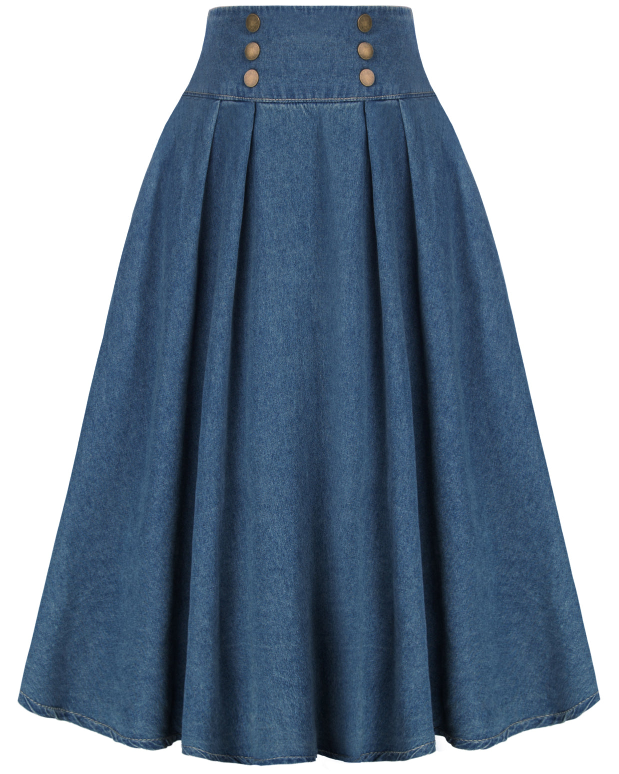 belle poque Swing Jean Skirt Elastic High Waist Buttons Decorated Skirt Dark Blue