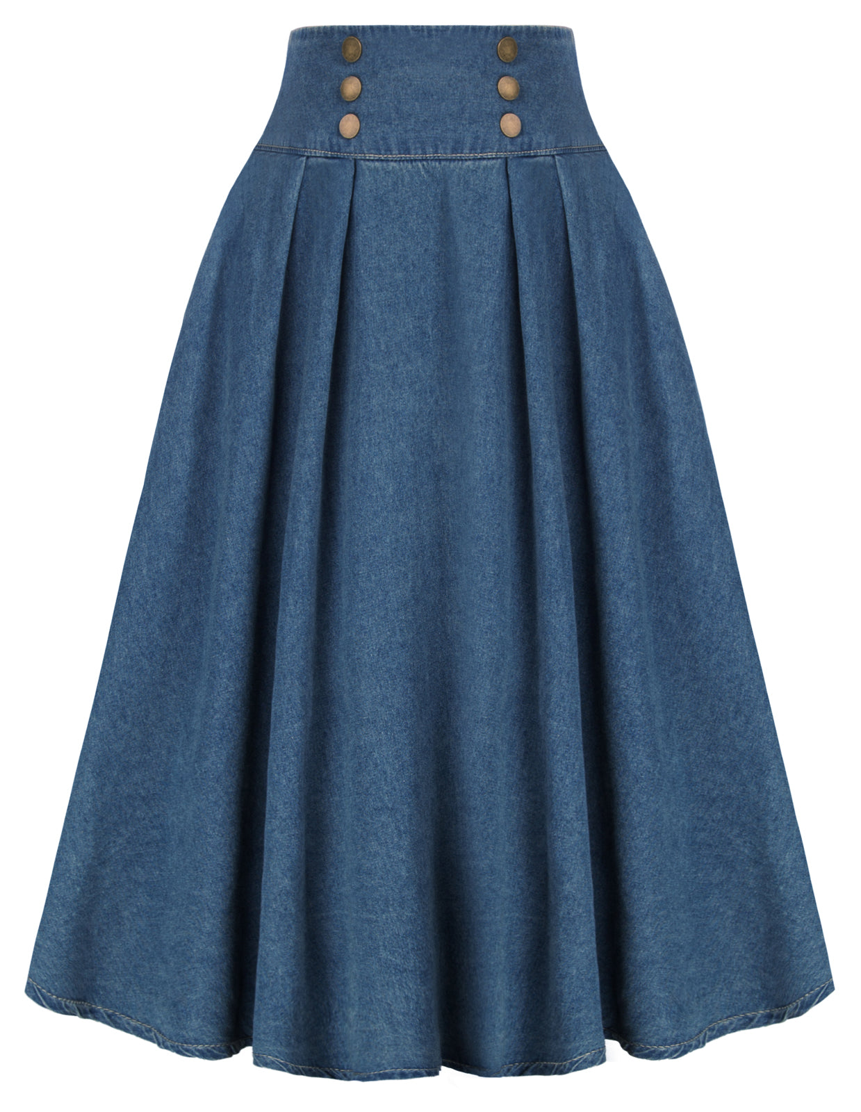 belle poque Swing Jean Skirt Elastic High Waist Buttons Decorated Skirt Dark Blue