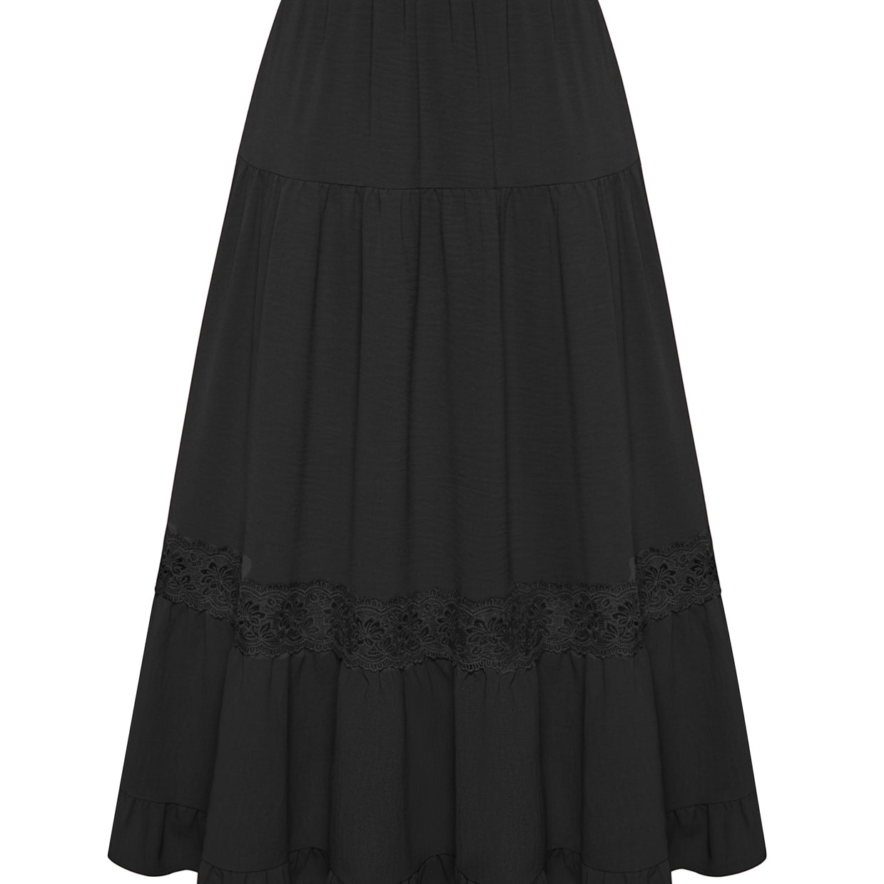 belle poque Women's Midi Skirt Boho Flowy Aline Ruffle Lace Tiered Skirt with Pockets 2025 Black
