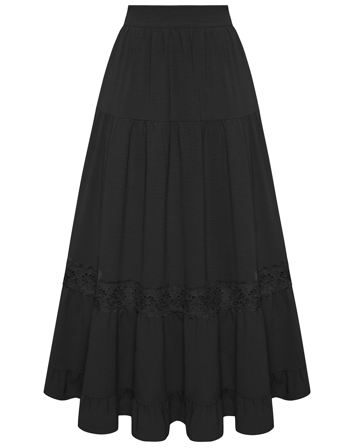 belle poque Women's Midi Skirt Boho Flowy Aline Ruffle Lace Tiered Skirt with Pockets 2025 Black