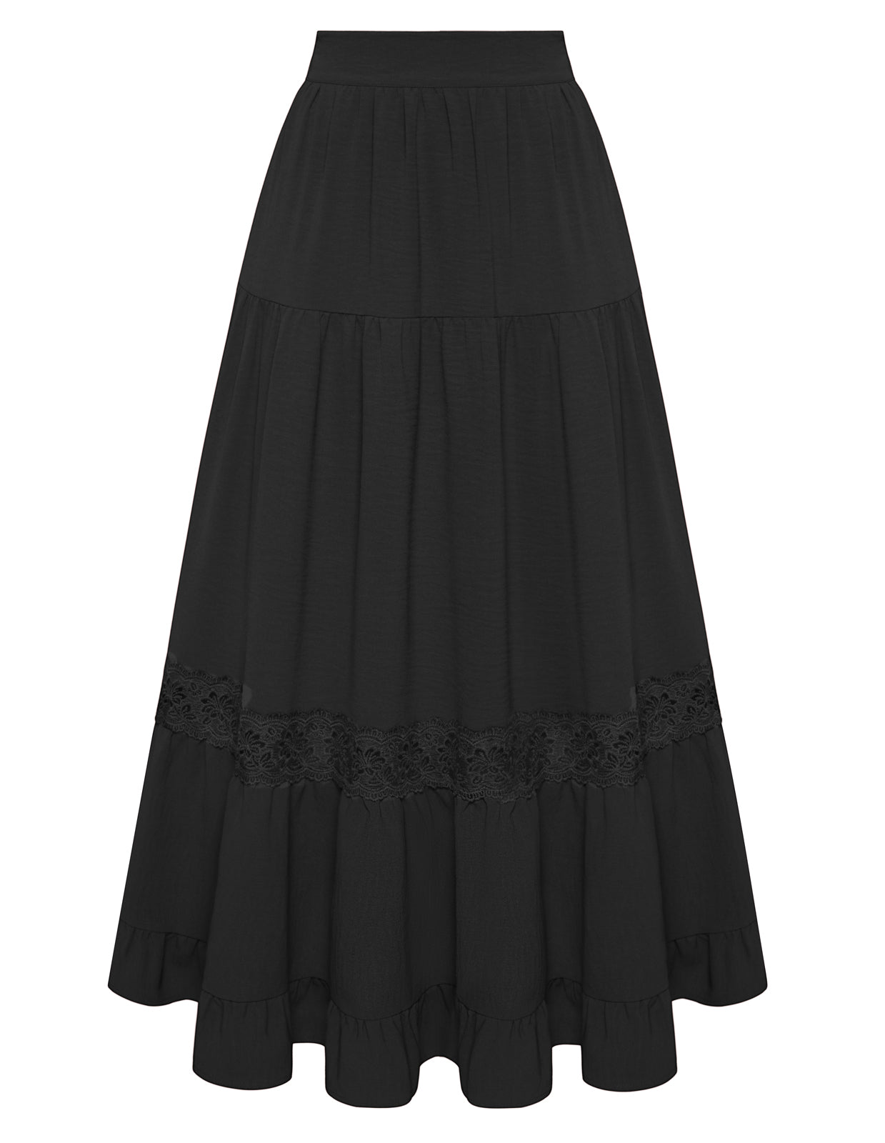 belle poque Women Vintage Tiered Swing Skirt Elastic Waist Ruffled Hem Mid-Calf Skirt Black