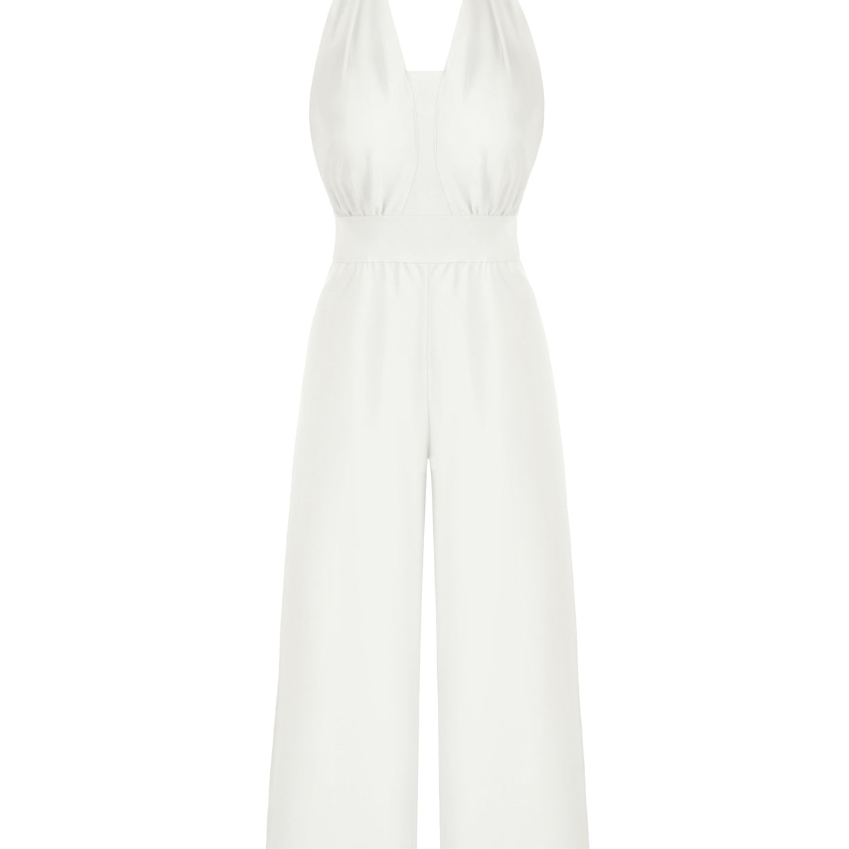 belle poque Defined Waist Smocked Back Halterneck Jumpsuit White
