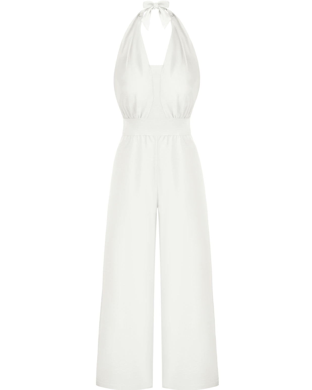 belle poque Defined Waist Smocked Back Halterneck Jumpsuit White