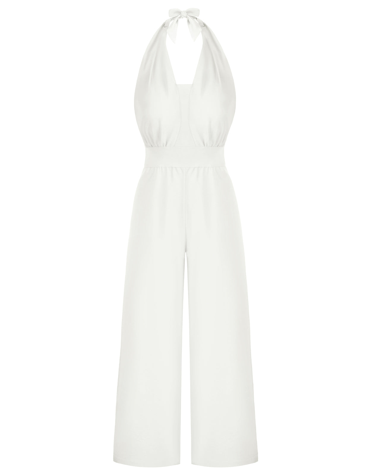 belle poque Defined Waist Smocked Back Halterneck Jumpsuit White