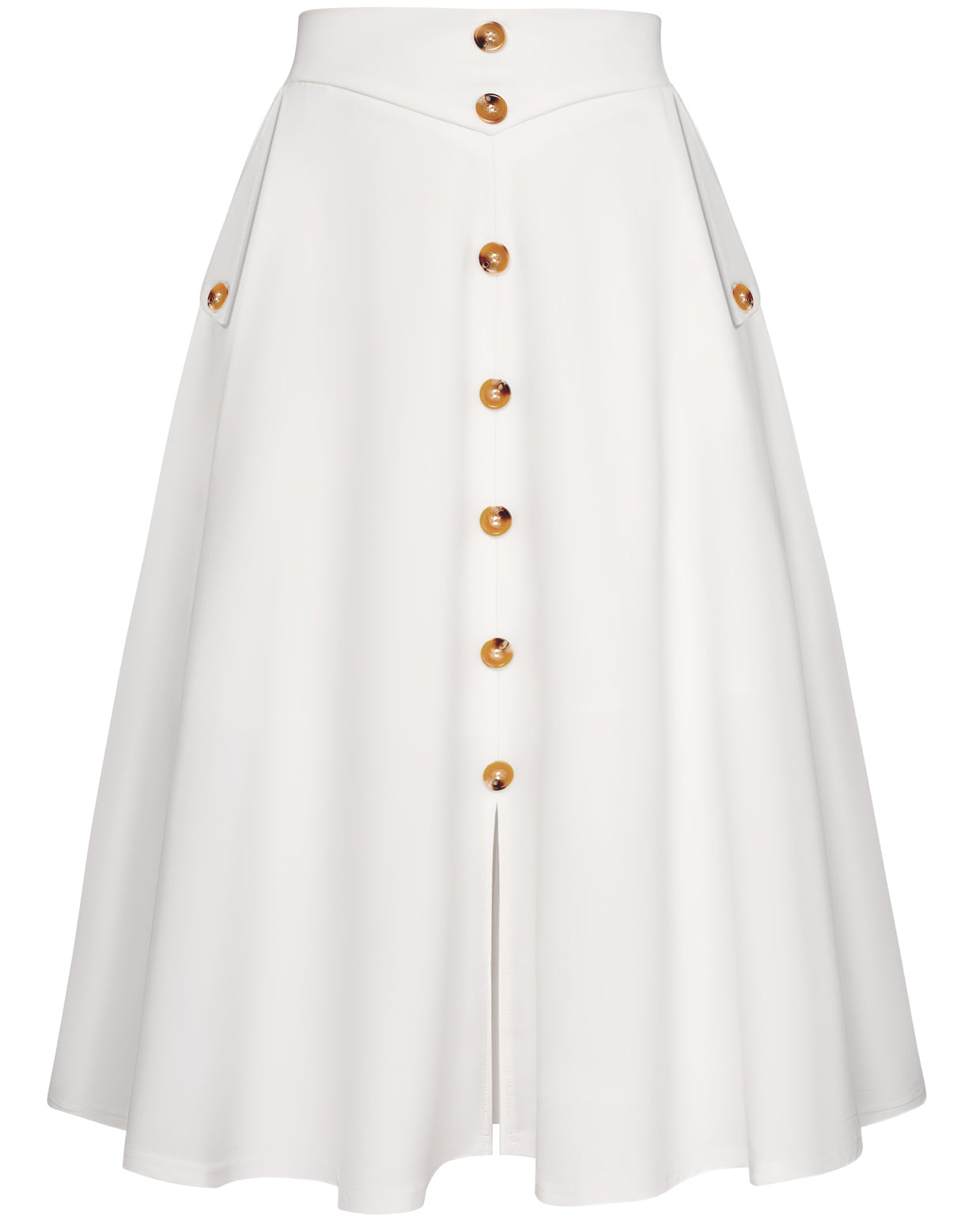 belle poque Vintage Front Slit Swing Skirt High Waist Buttons Decorated Skirt White