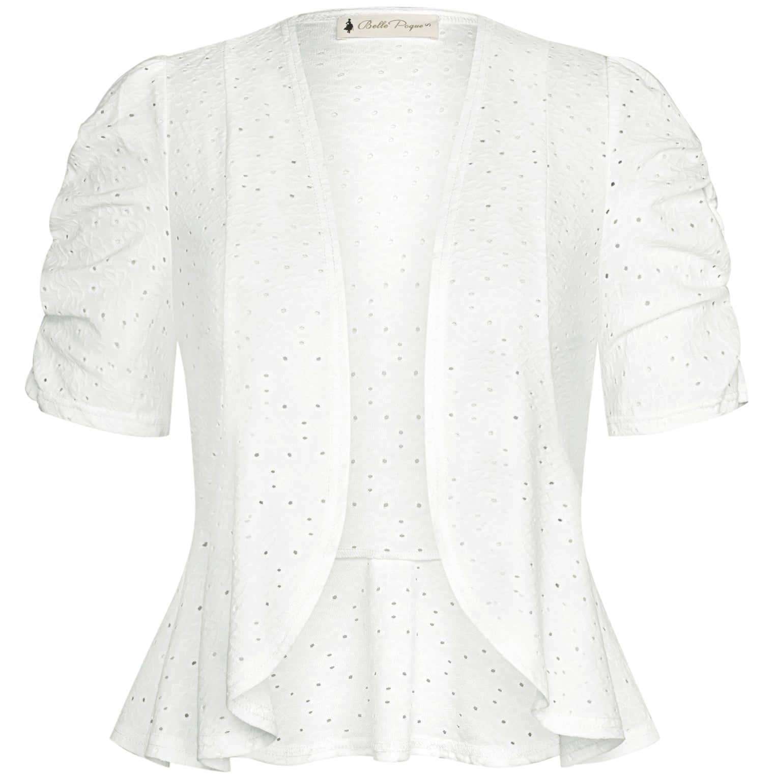 belle poque Women Vintage Hollowed-out Shrug Ruched Short Sleeve Open Front Tops White