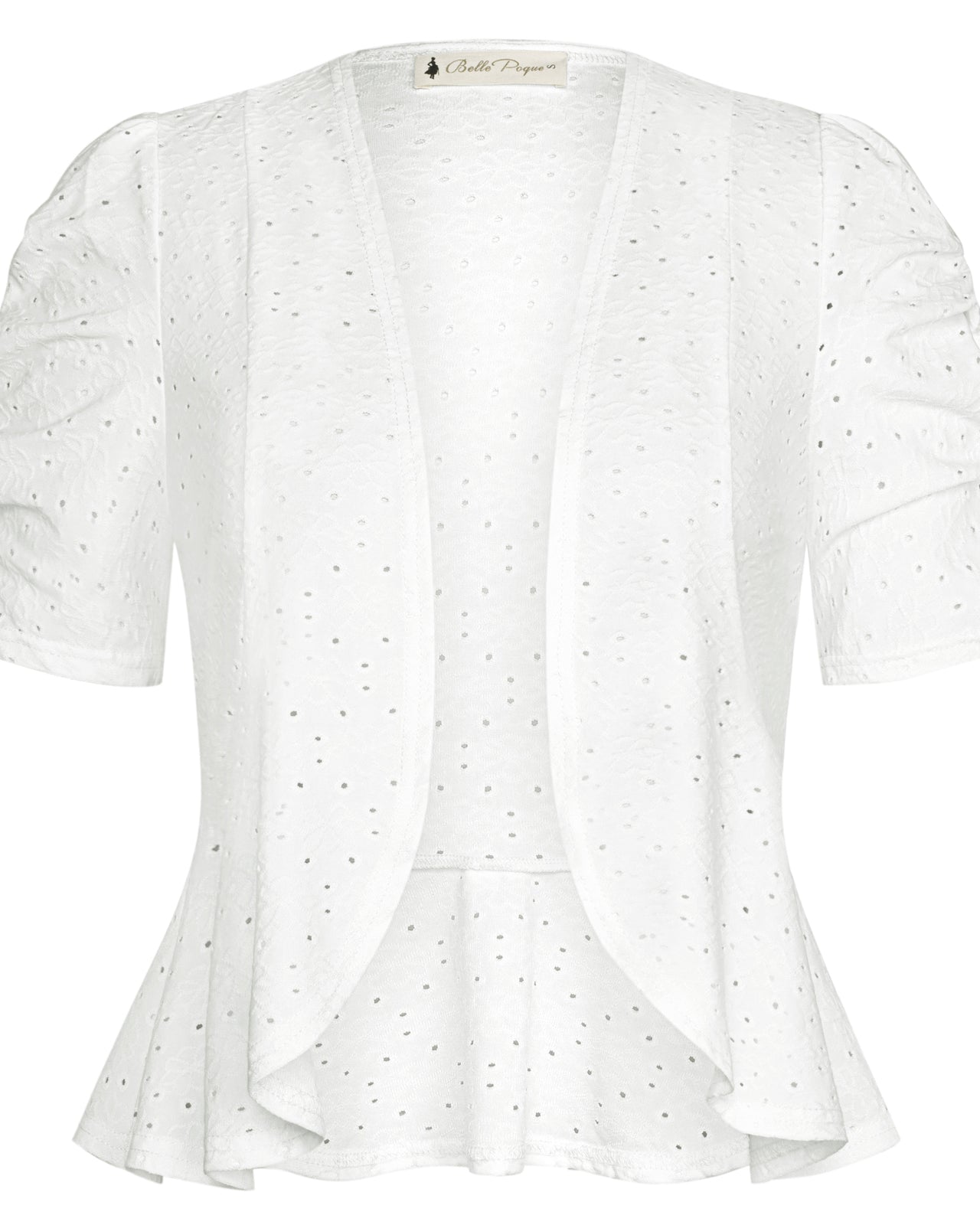 belle poque Women Vintage Hollowed-out Shrug Ruched Short Sleeve Open Front Tops White