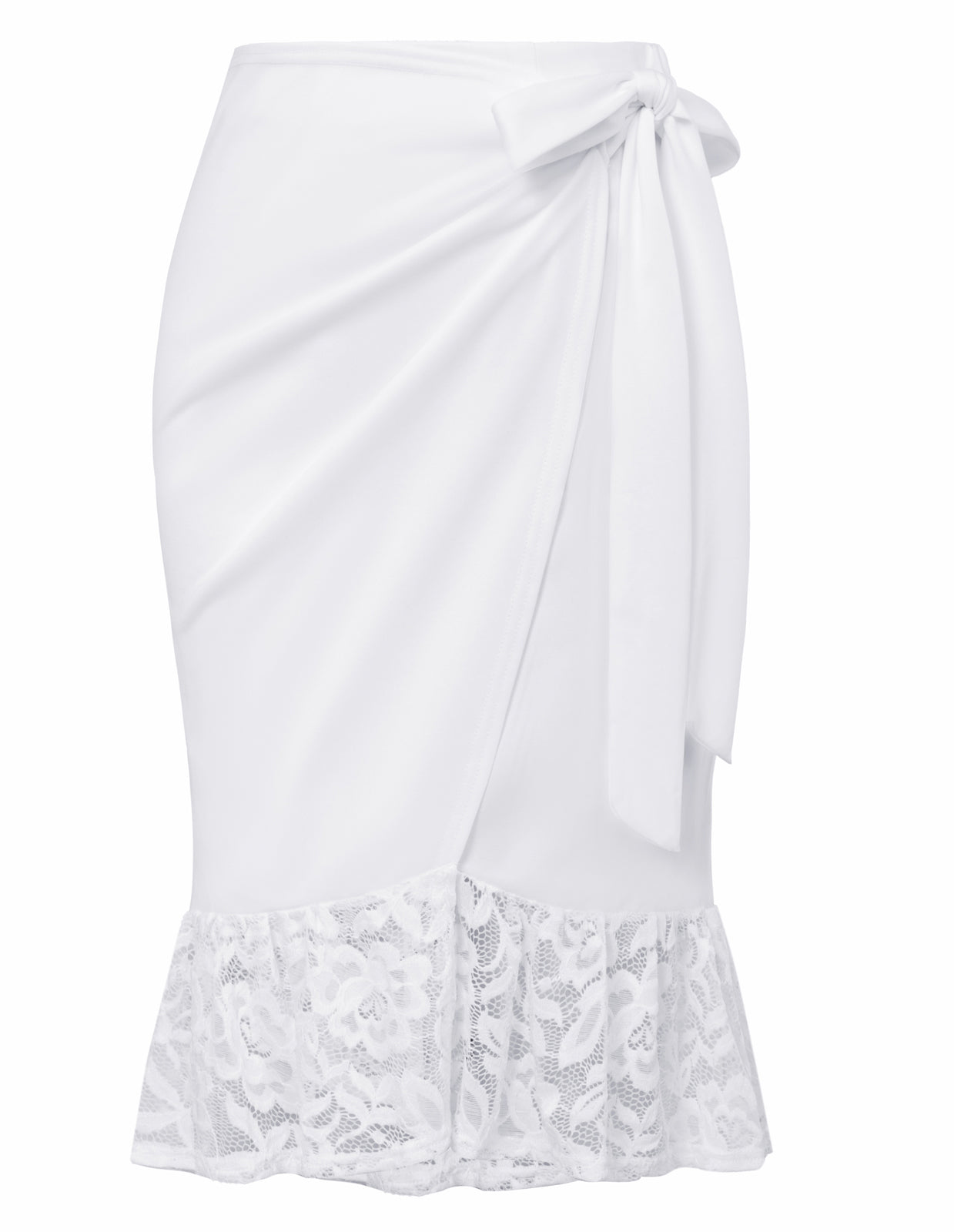 belle poque Pencil Skirt for Women 1950s Vintage Lace Hem Bodycon Skirt with Bow Tie White